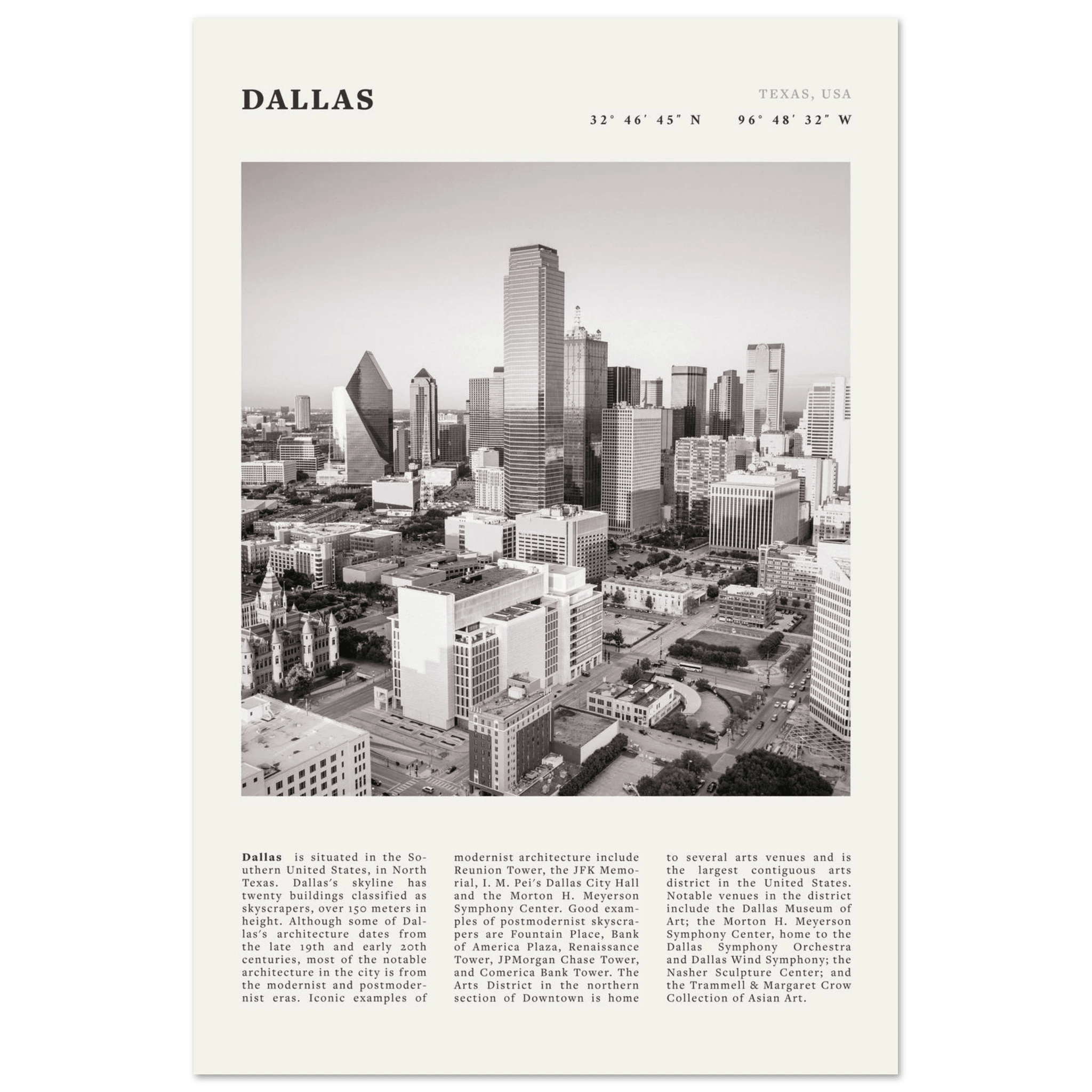Dallas Poster | Black & White Texas Skyline Wall Art | City Travel Print Decor - Evergreen Posters
