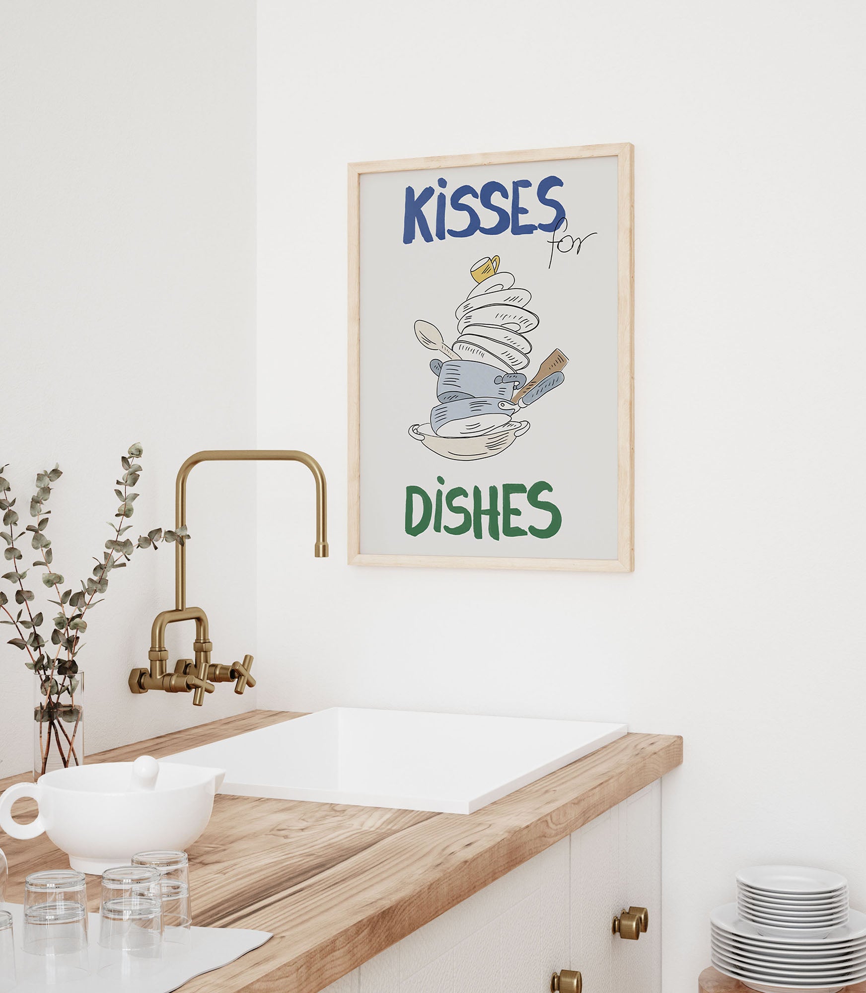 Kisses for Dishes Poster – Funny Kitchen Wall Art Print (Digital & Printed Options) - Evergreen Posters