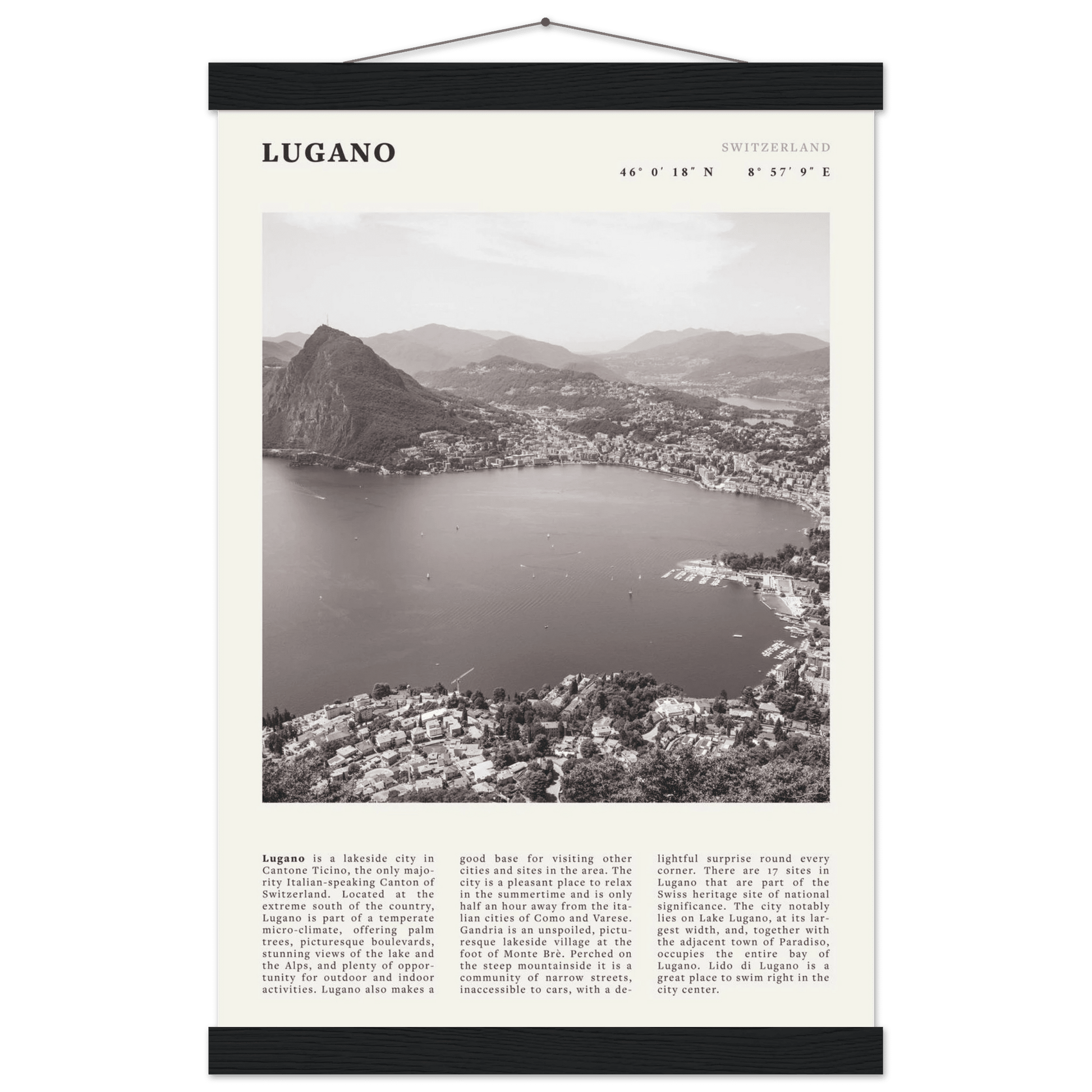 Lugano Poster | Black & White Swiss Lake Wall Art | Switzerland Travel Print - Evergreen Posters