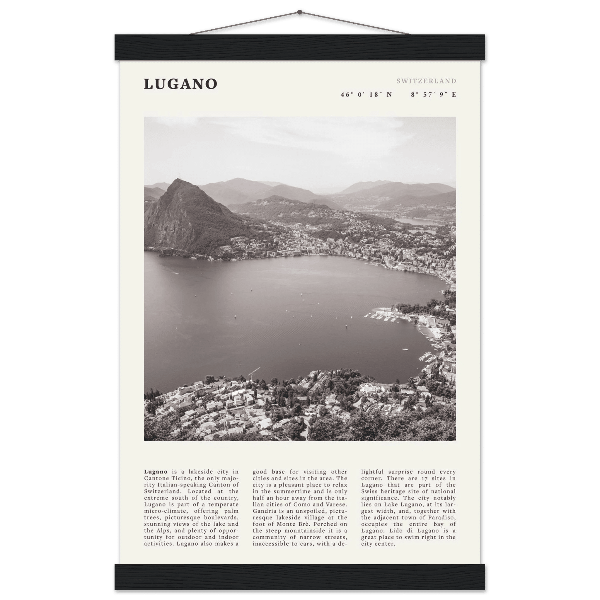 Lugano Poster | Black & White Swiss Lake Wall Art | Switzerland Travel Print - Evergreen Posters