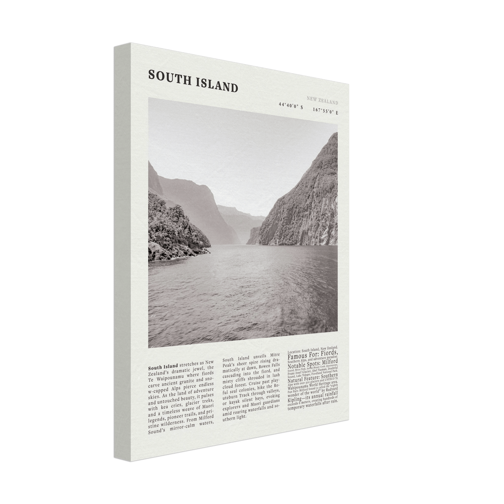 South Island New Zealand Poster Black and White – Vintage Milford Sound Fjord Print - Evergreen Posters