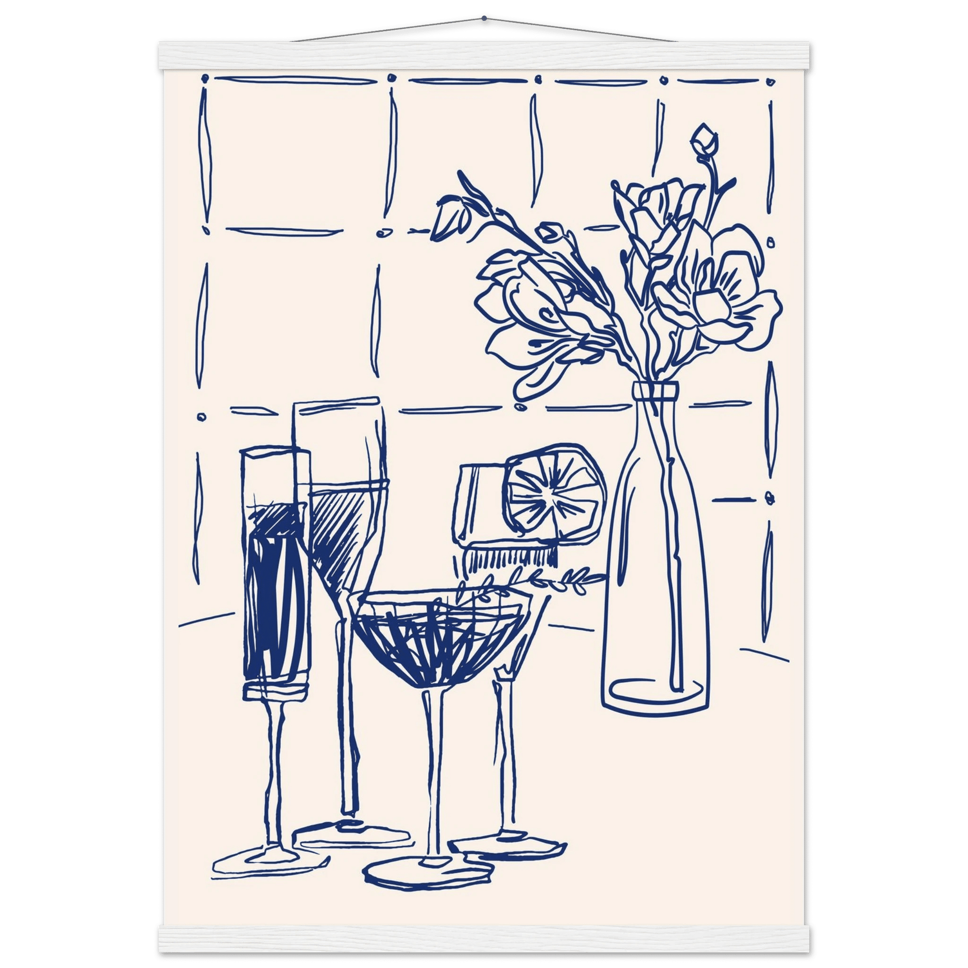Cocktails & Flowers Print | Navy Blue Line Art Drinks Wall Art | Kitchen Bar Poster - Evergreen Posters