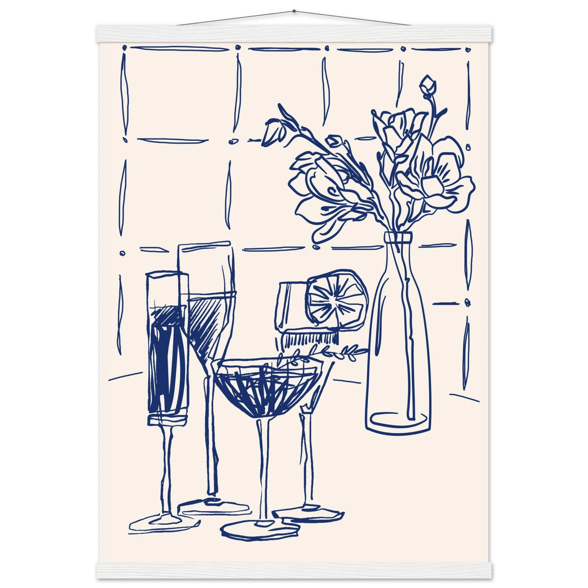Cocktails & Flowers Print | Navy Blue Line Art Drinks Wall Art | Kitchen Bar Poster - Evergreen Posters