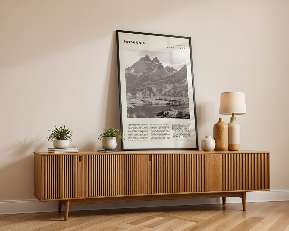 Patagonia Poster Black and White – Vintage Torres del Paine Landscape Print (Digital & Printed Options) - Evergreen Posters