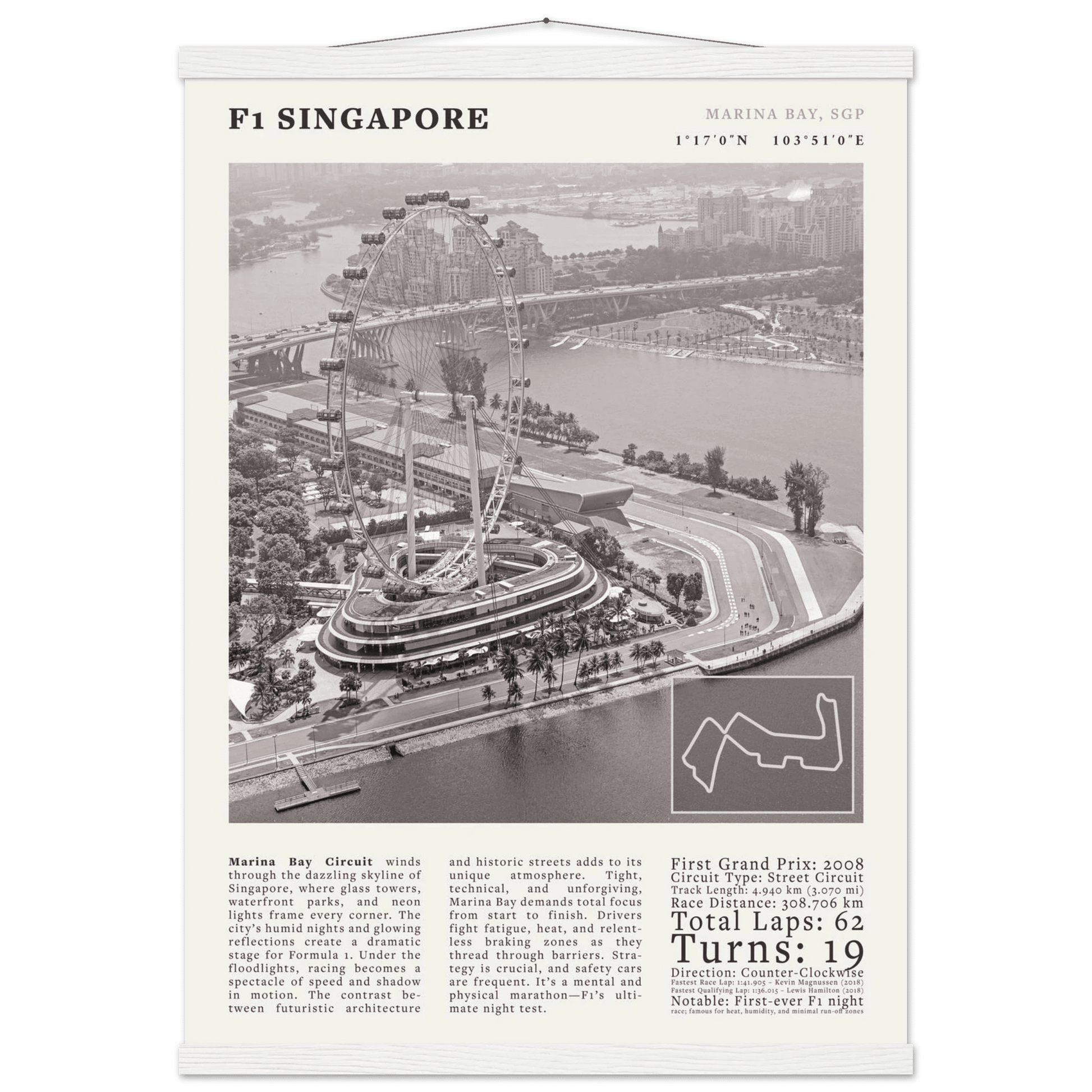 F1 Singapore Poster Black and White – Vintage Marina Bay Night Race Print (Digital & Printed Options) - Evergreen Posters