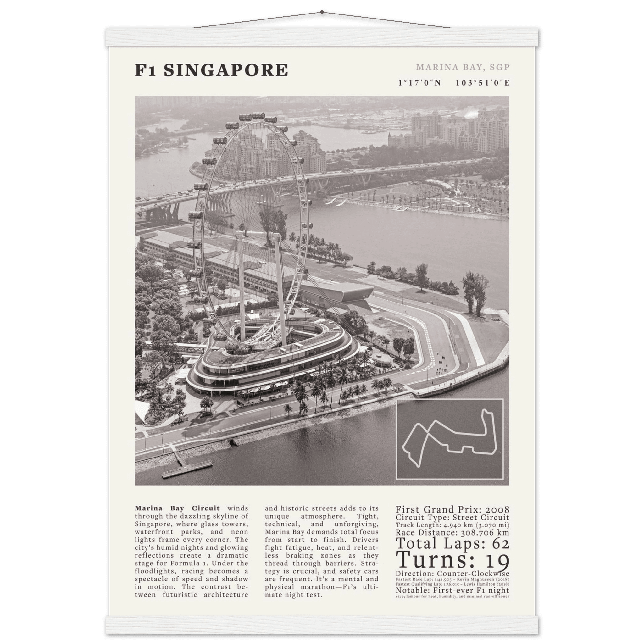 F1 Singapore Poster Black and White – Vintage Marina Bay Night Race Print (Digital & Printed Options) - Evergreen Posters