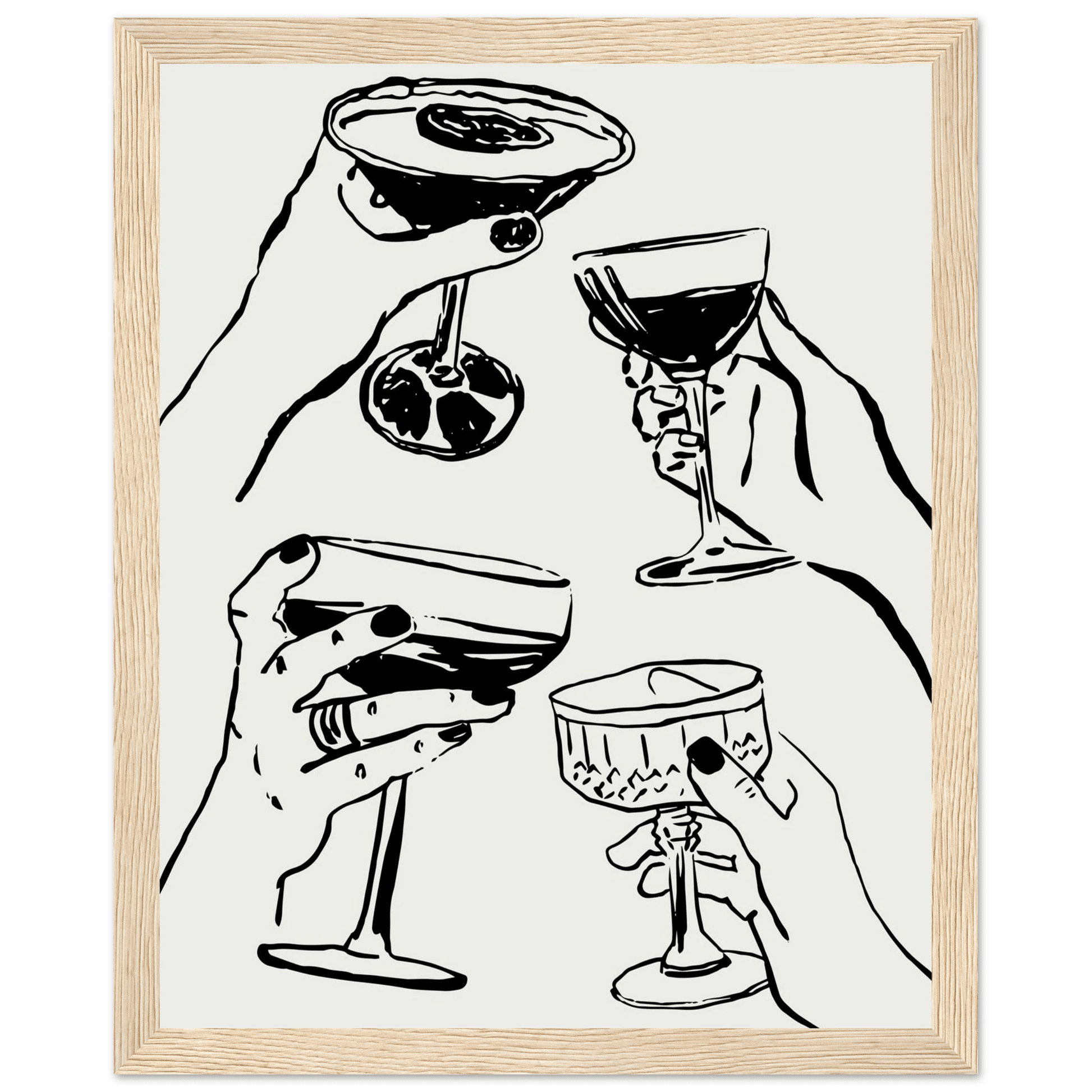 Cheers Print | Black Line Art Cocktail Glasses Wall Art | Kitchen Bar Poster - Evergreen Posters