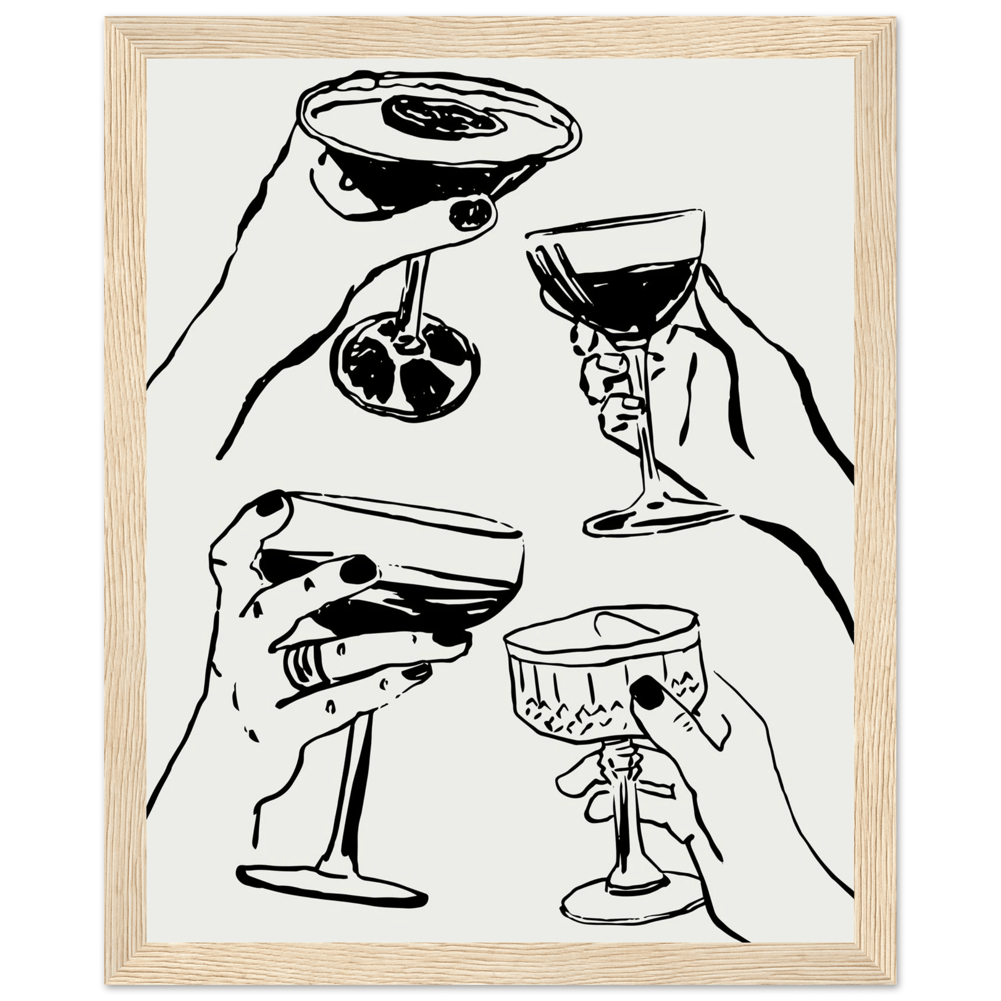 Cheers Print | Black Line Art Cocktail Glasses Wall Art | Kitchen Bar Poster - Evergreen Posters