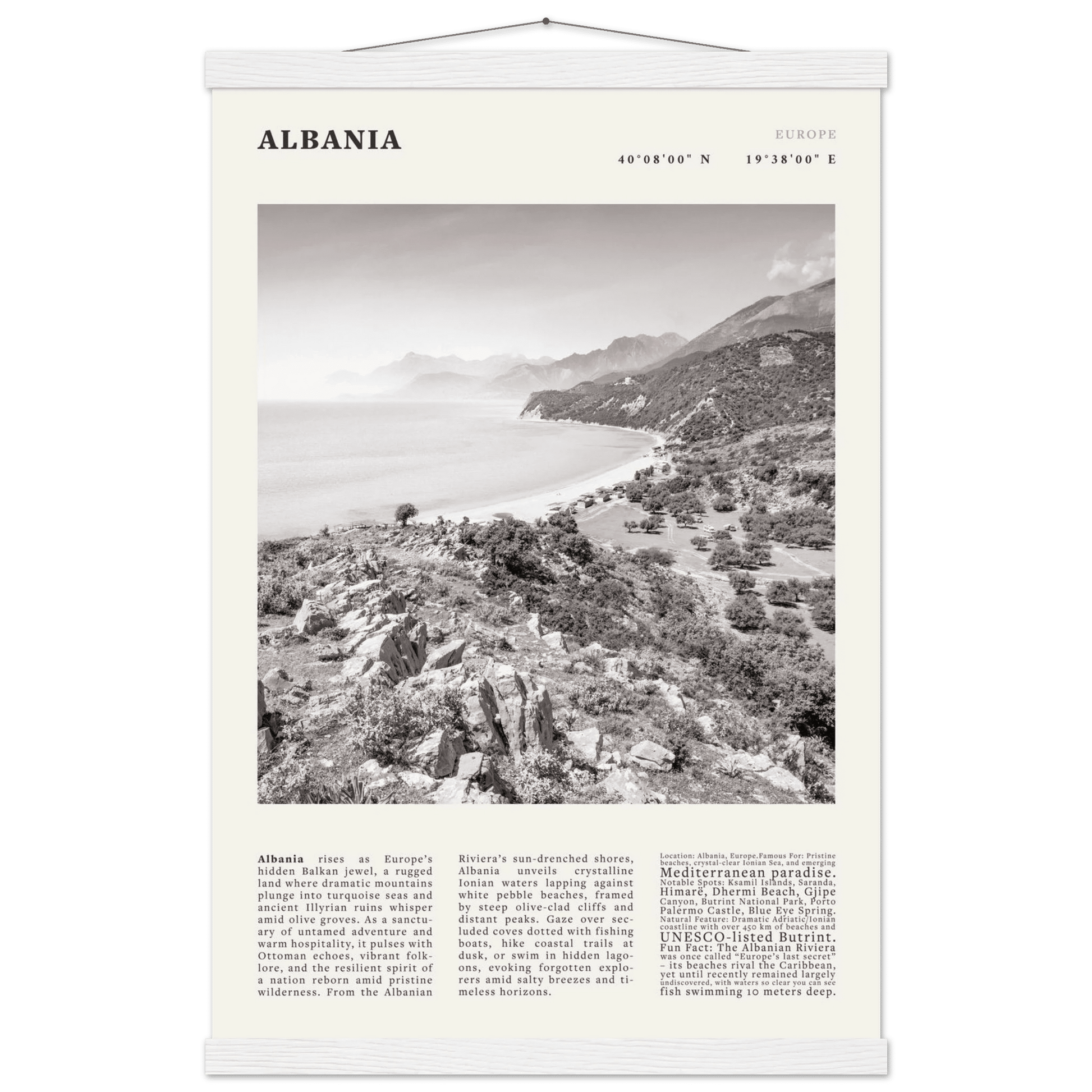 Albania Poster Black and White – Vintage Albanian Riviera Travel Print (Digital & Printed Options) - Evergreen Posters