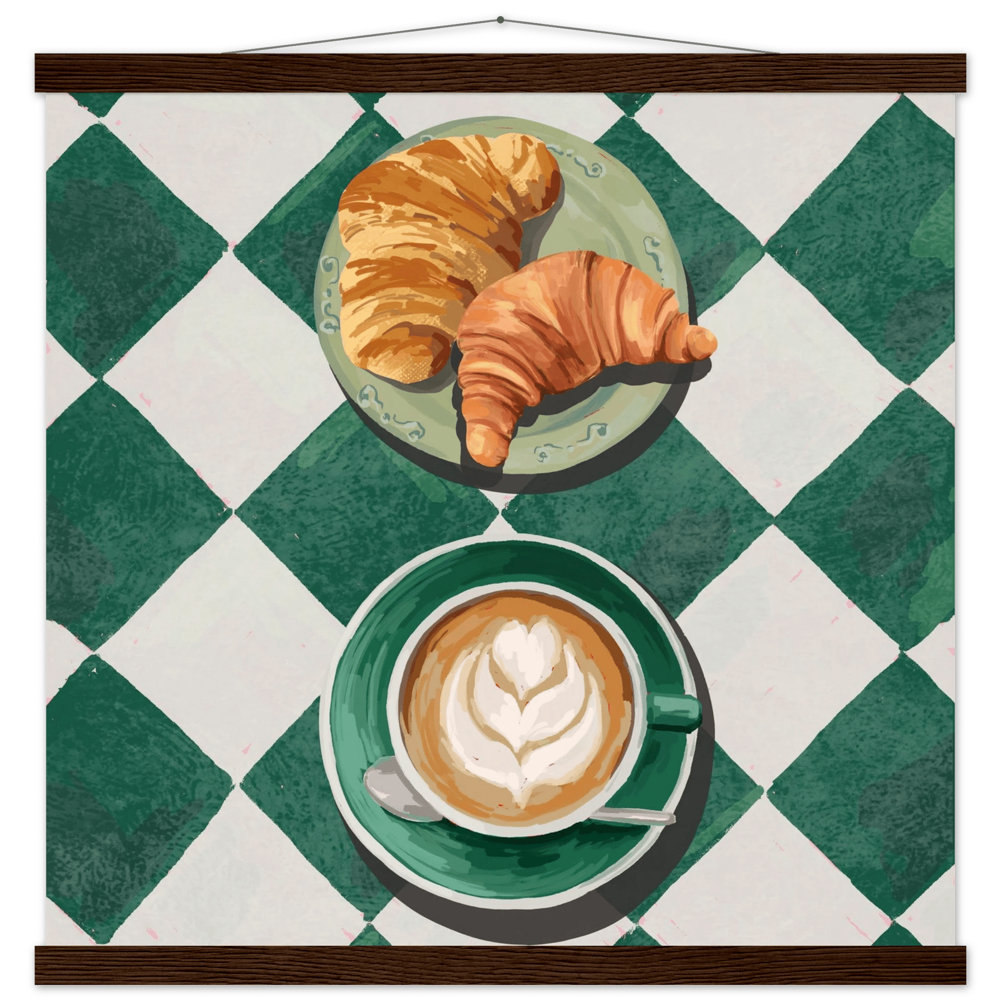 Croissant & Latte Poster | Classic Kitchen Wall Art | Green Tile Square Breakfast Print - Evergreen Posters - 30
