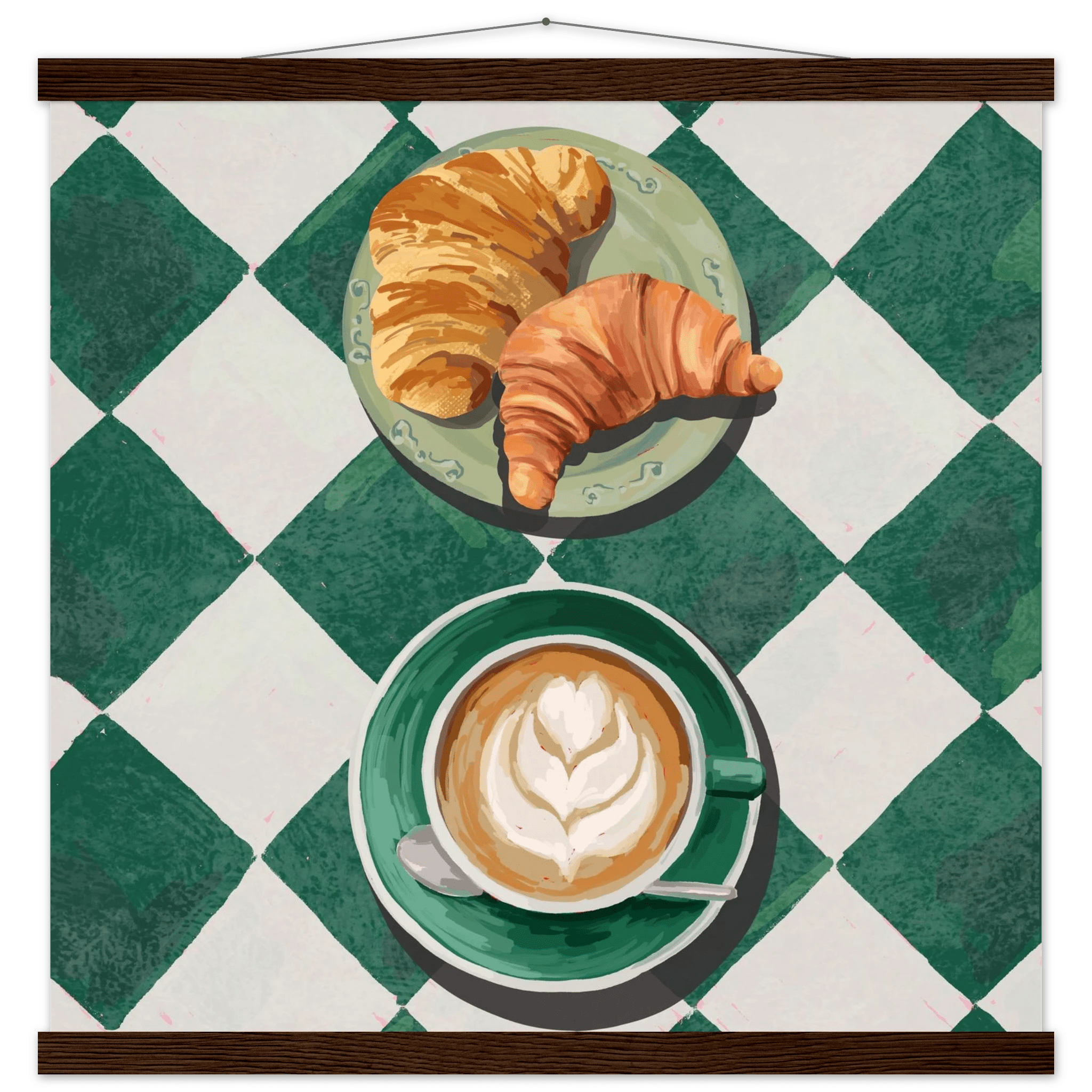 Croissant & Latte Poster | Classic Kitchen Wall Art | Green Tile Square Breakfast Print - Evergreen Posters - 30