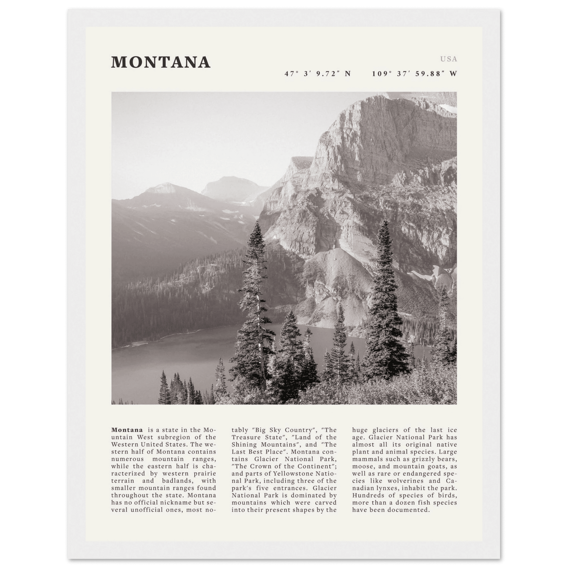 Montana Poster | Black & White Glacier National Park Wall Art | Nature Travel Print - Evergreen Posters