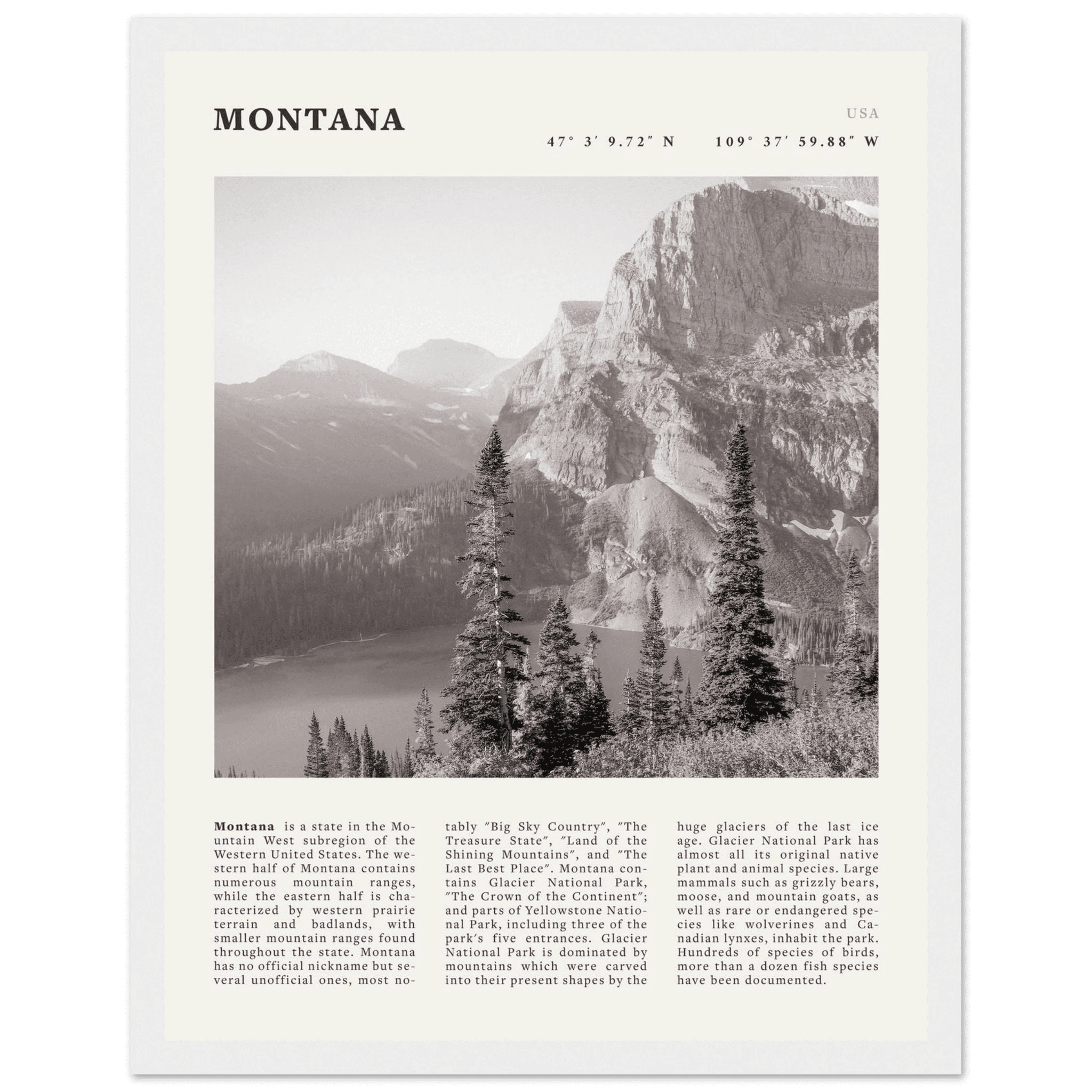 Montana Poster | Black & White Glacier National Park Wall Art | Nature Travel Print - Evergreen Posters