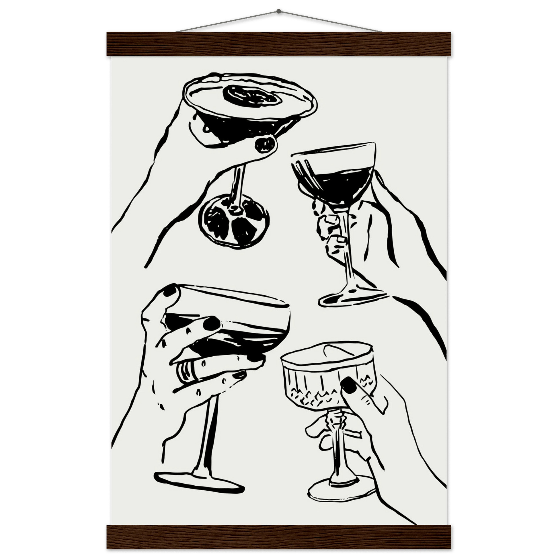 Cheers Print | Black Line Art Cocktail Glasses Wall Art | Kitchen Bar Poster - Evergreen Posters