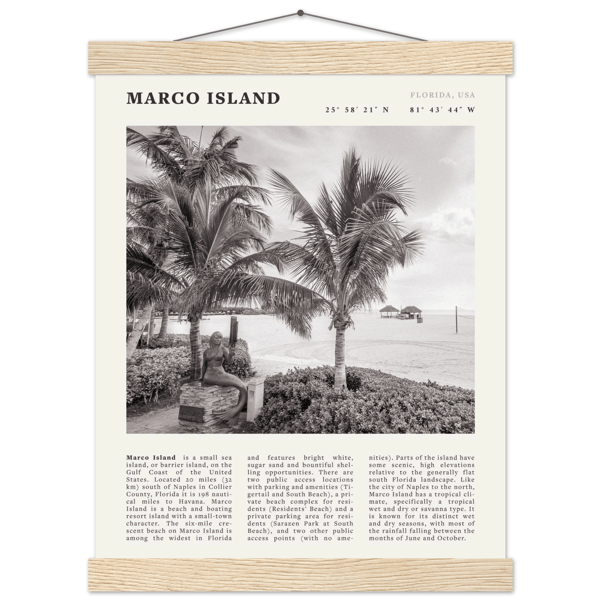 Marco Island Poster | Black & White Florida Beach Wall Art | Coastal Travel Print - Evergreen Posters