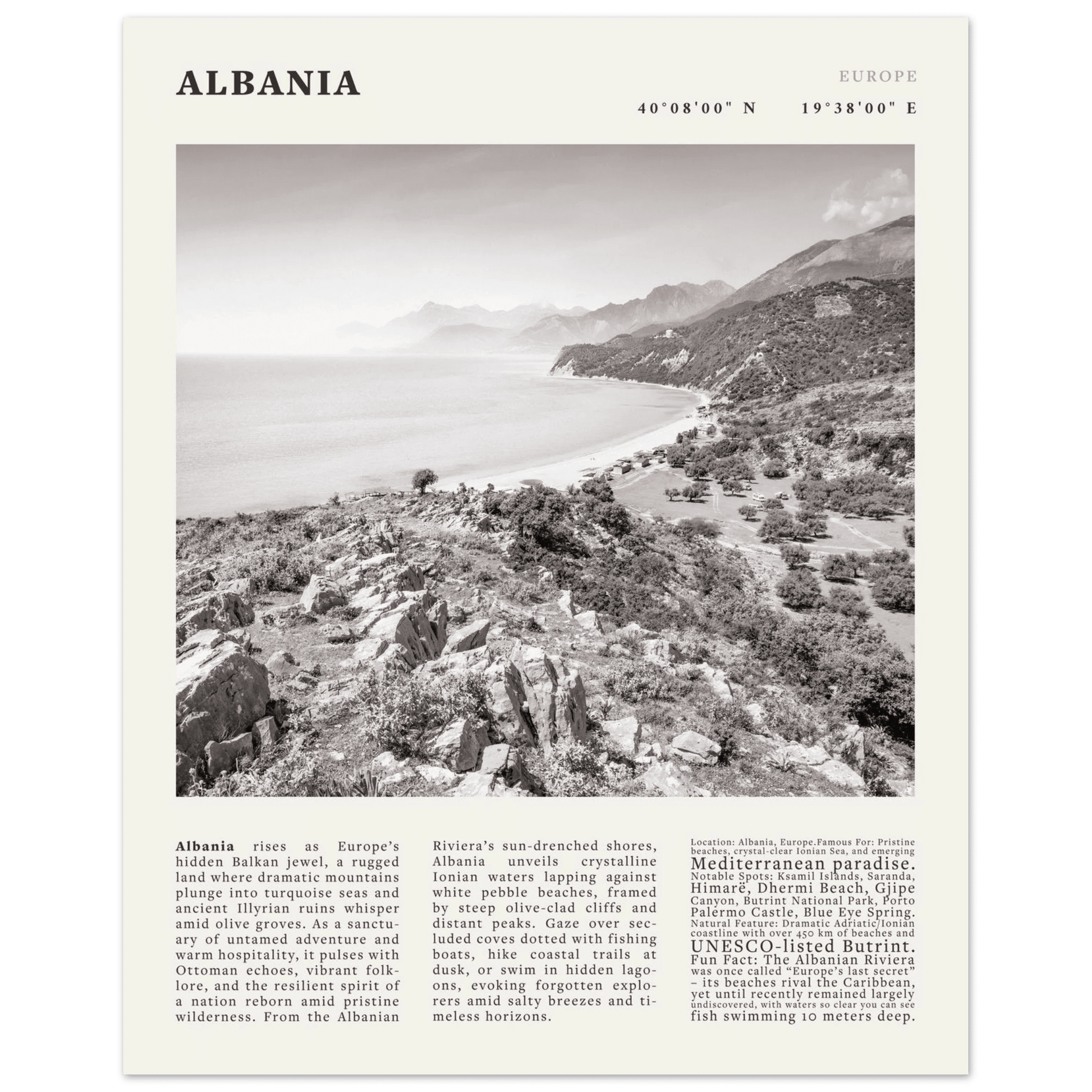 Albania Poster Black and White – Vintage Albanian Riviera Travel Print (Digital & Printed Options) - Evergreen Posters