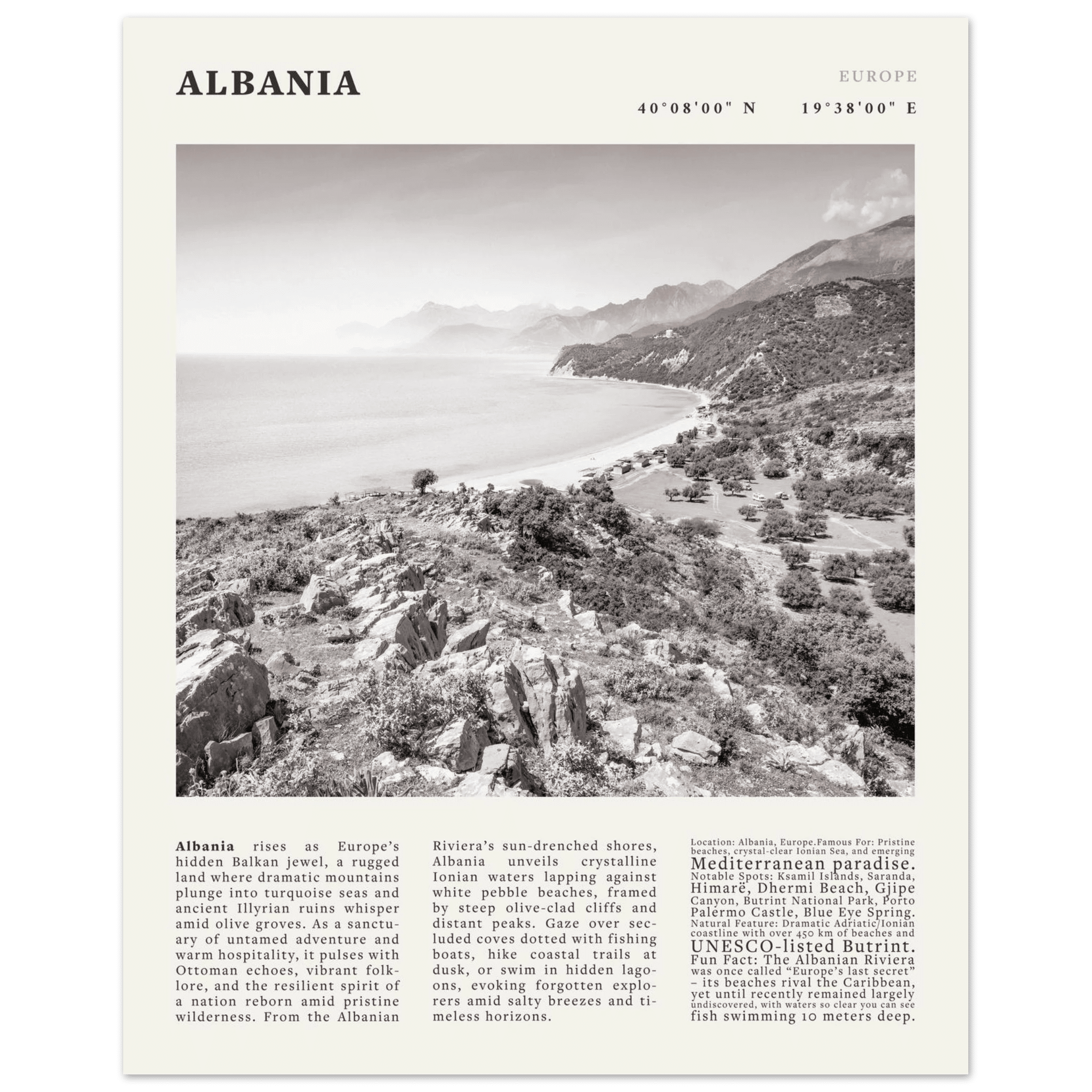 Albania Poster Black and White – Vintage Albanian Riviera Travel Print (Digital & Printed Options) - Evergreen Posters