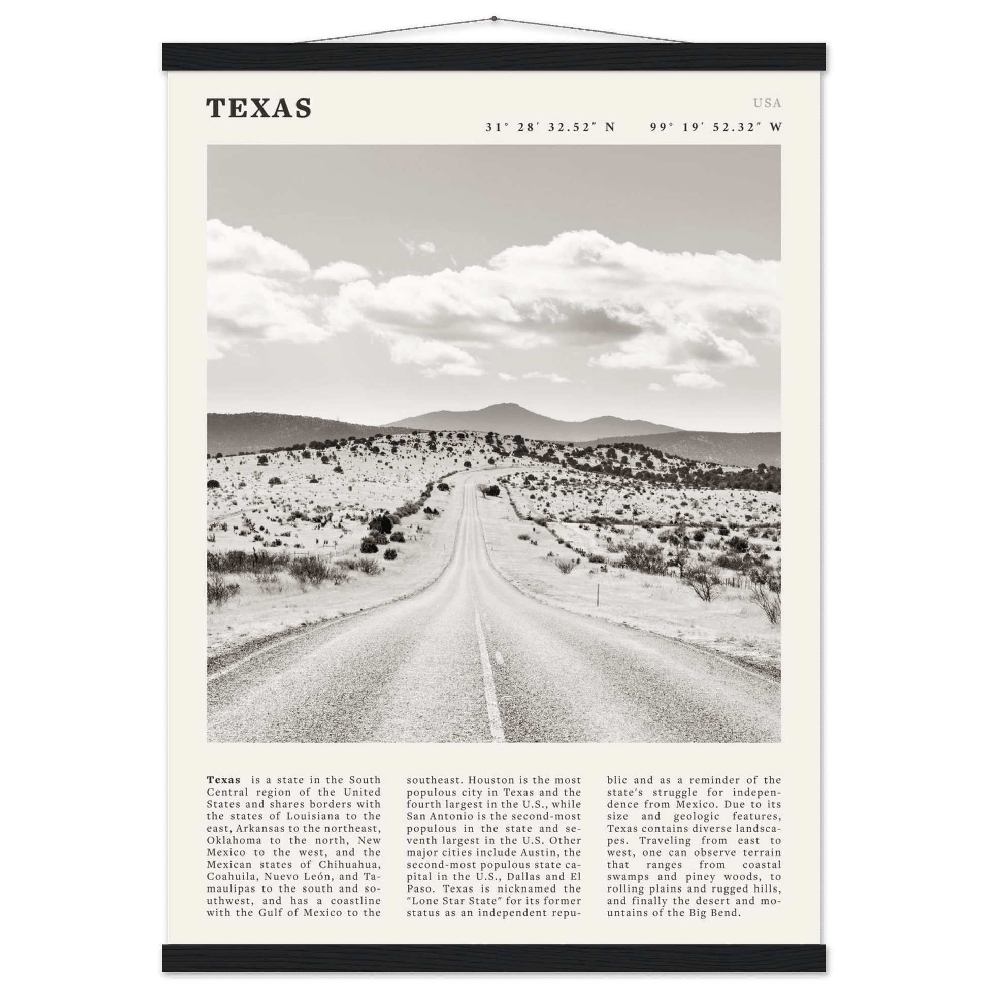 Texas Poster | Black & White Lone Star Road Wall Art | USA Travel Print Decor - Evergreen Posters