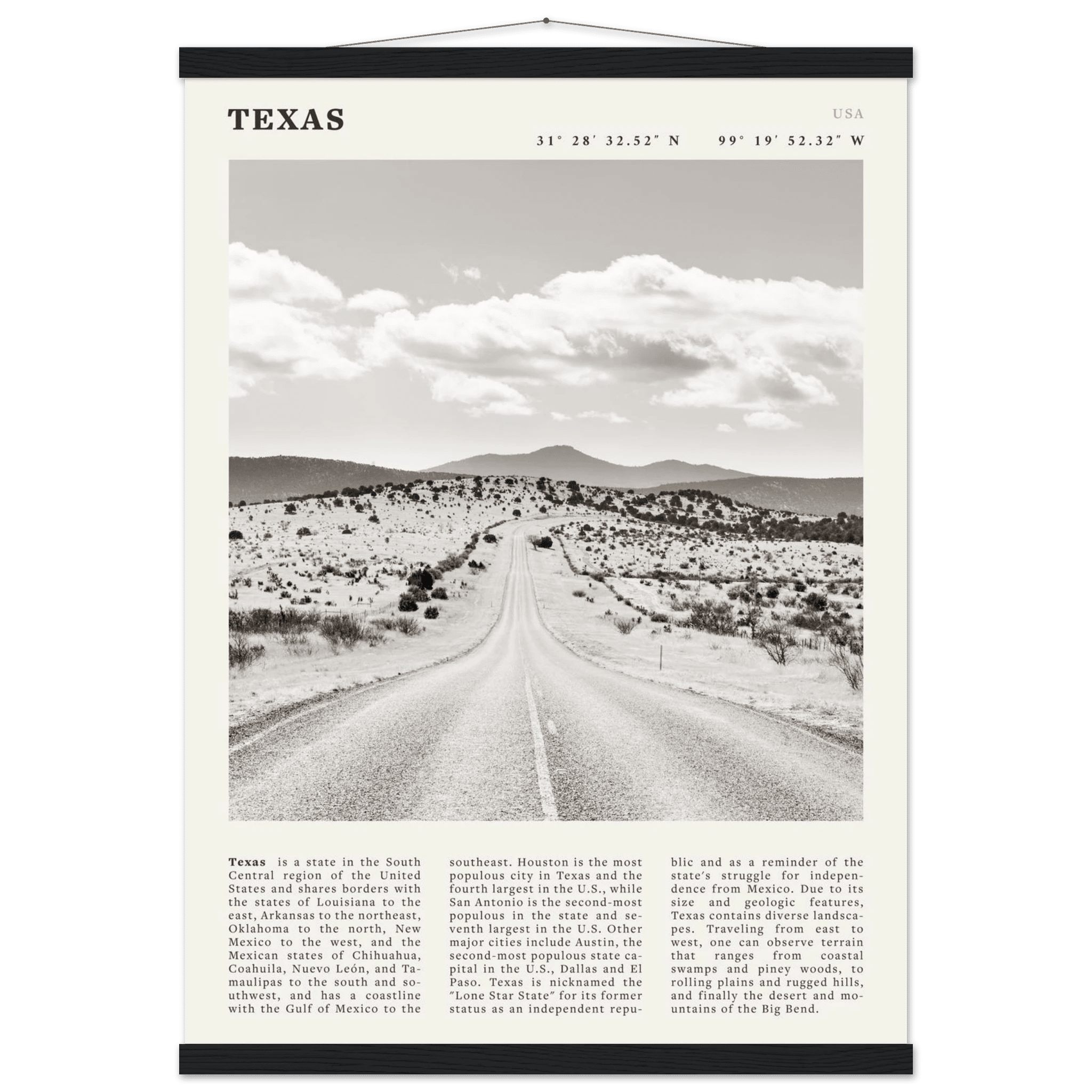 Texas Poster | Black & White Lone Star Road Wall Art | USA Travel Print Decor - Evergreen Posters