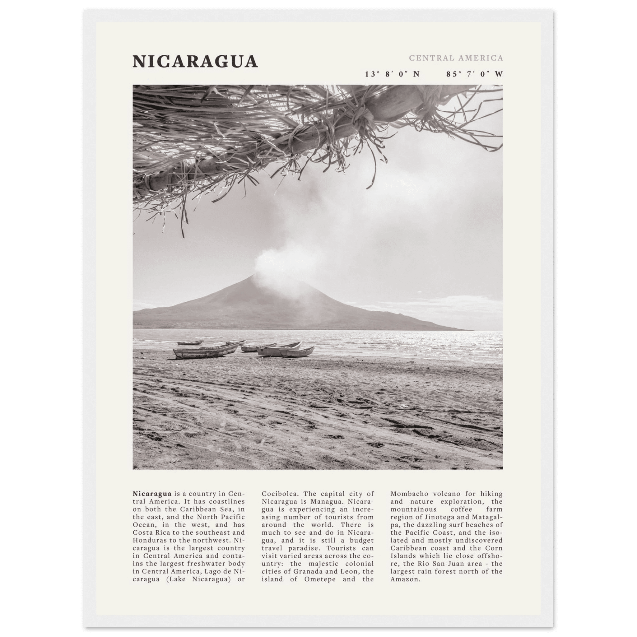 Nicaragua Poster | Black & White Volcano Wall Art | Central America Travel Print - Evergreen Posters