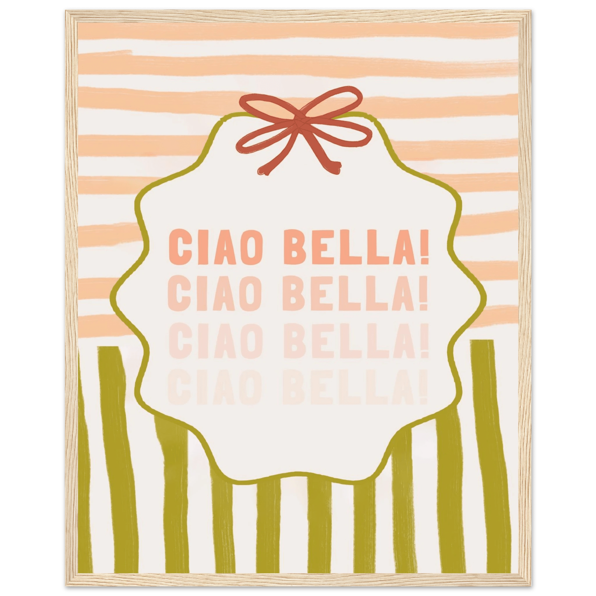 Ciao Bella Poster | Italian Typography Wall Art | Retro Stripe Bow Print | Cute Room Decor - Evergreen Posters