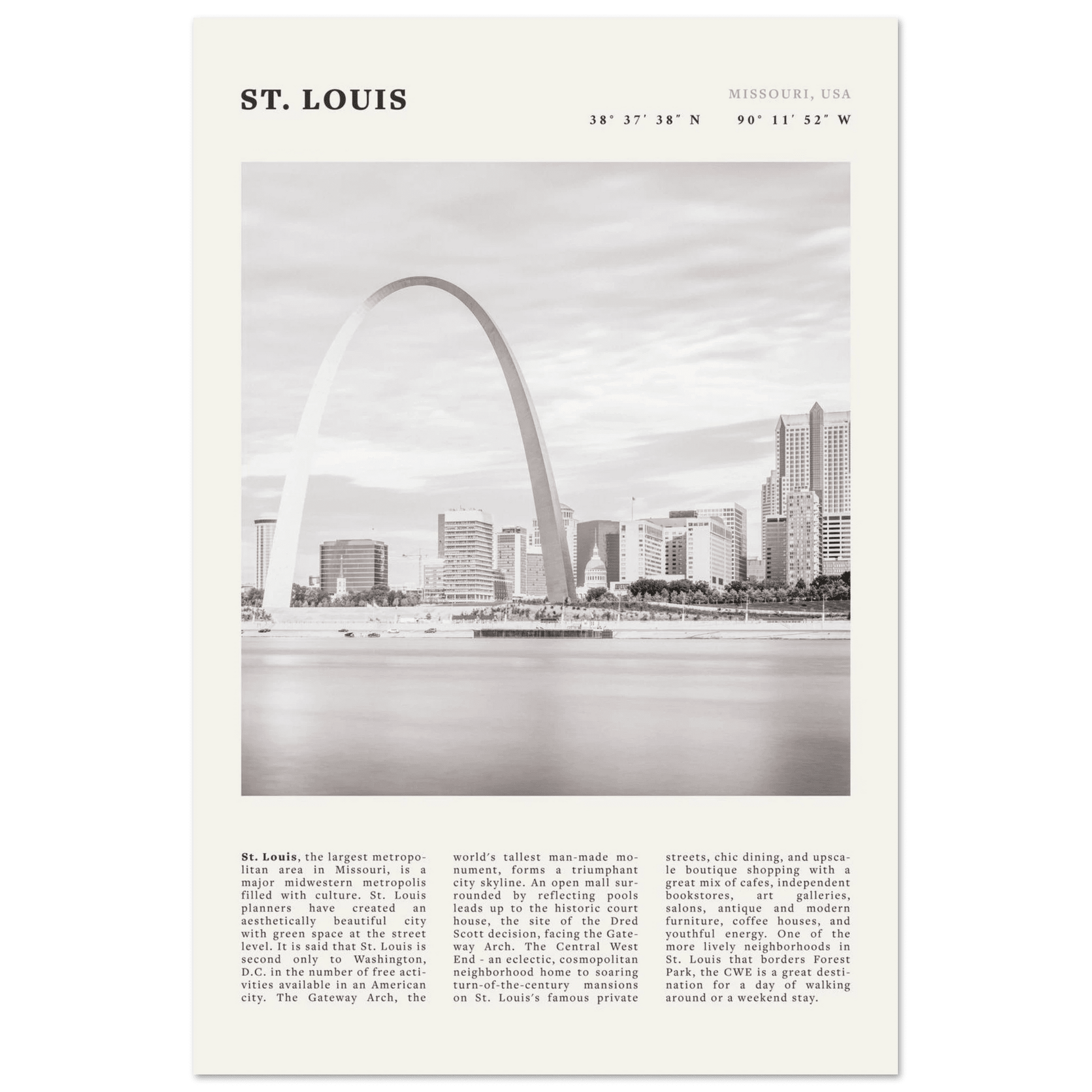 St. Louis Poster | Black & White Gateway Arch Wall Art | Missouri Travel Print - Evergreen Posters