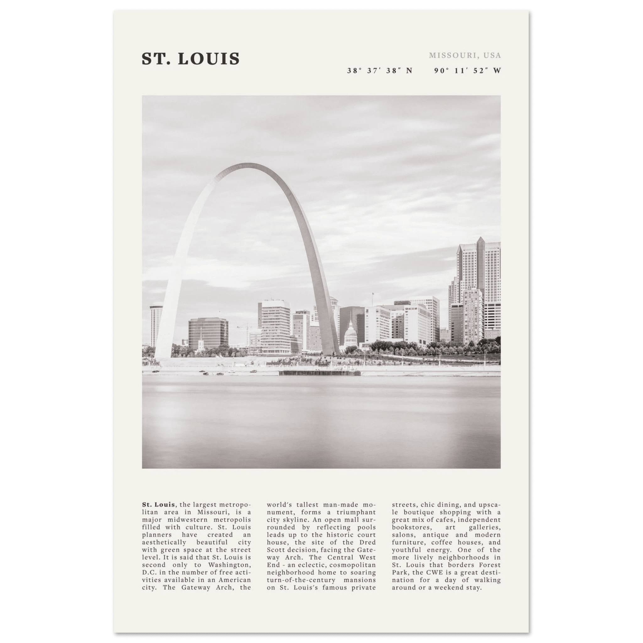 St. Louis Poster | Black & White Gateway Arch Wall Art | Missouri Travel Print - Evergreen Posters