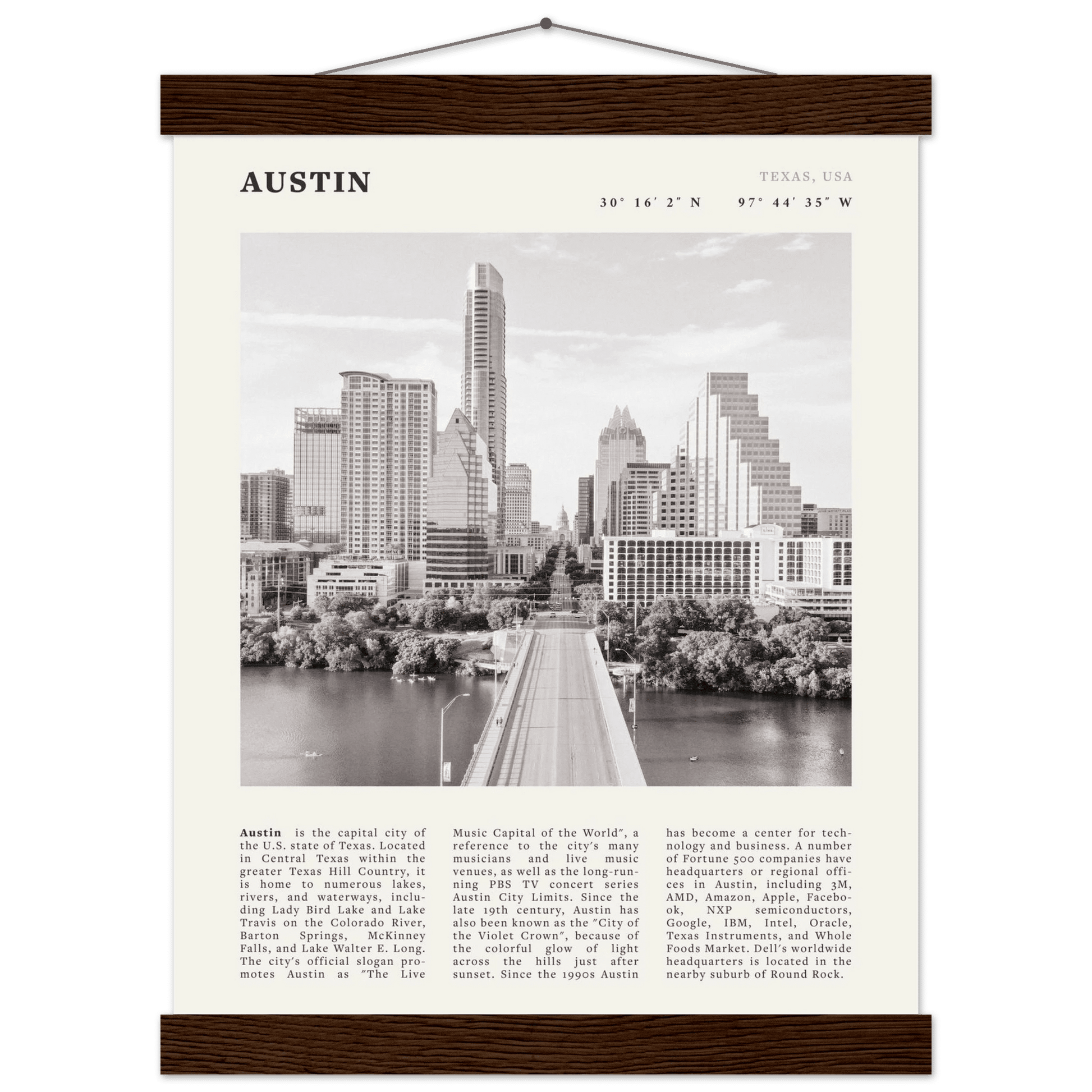 Austin Poster | Black & White Texas Skyline Wall Art | City Travel Print Decor - Evergreen Posters
