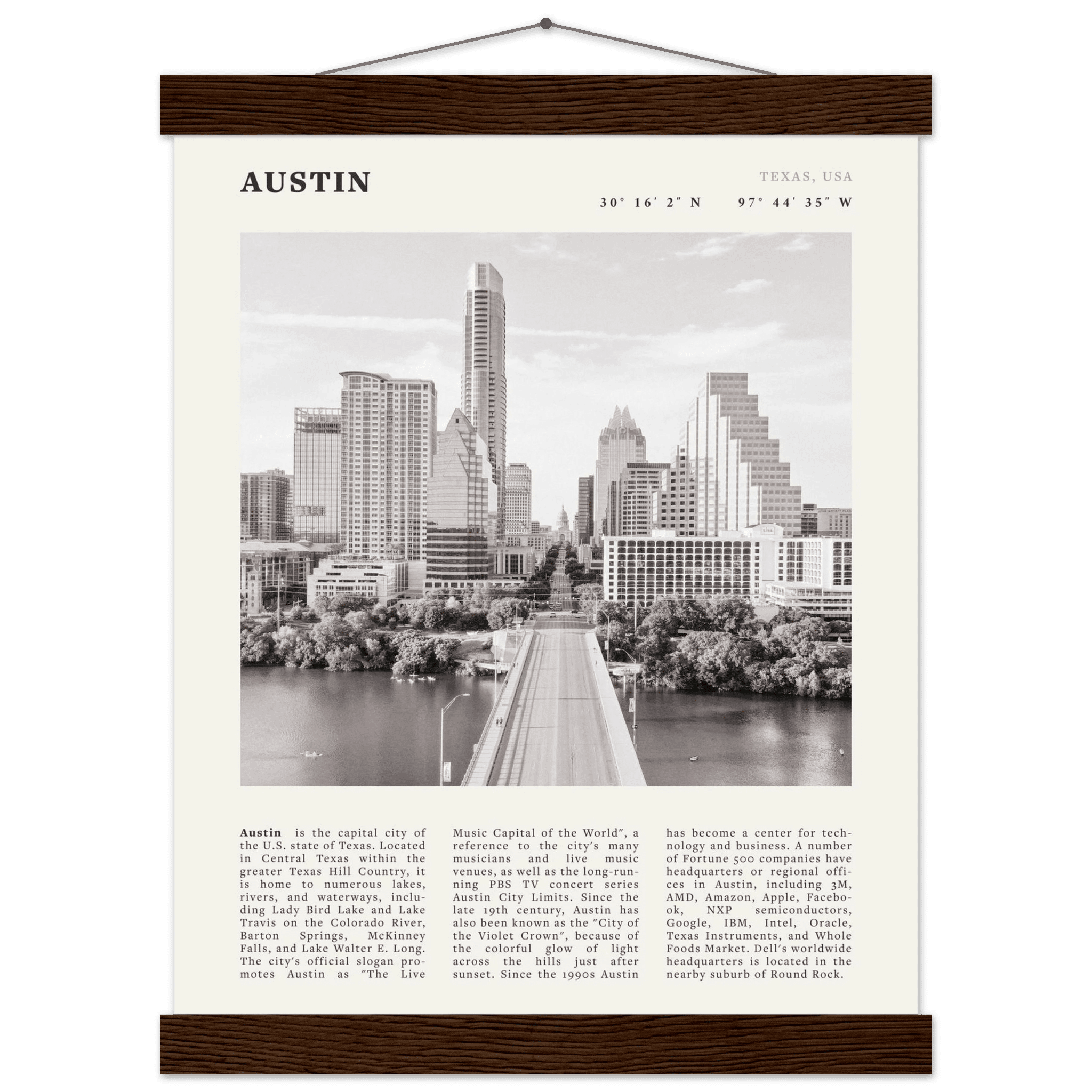 Austin Poster | Black & White Texas Skyline Wall Art | City Travel Print Decor - Evergreen Posters