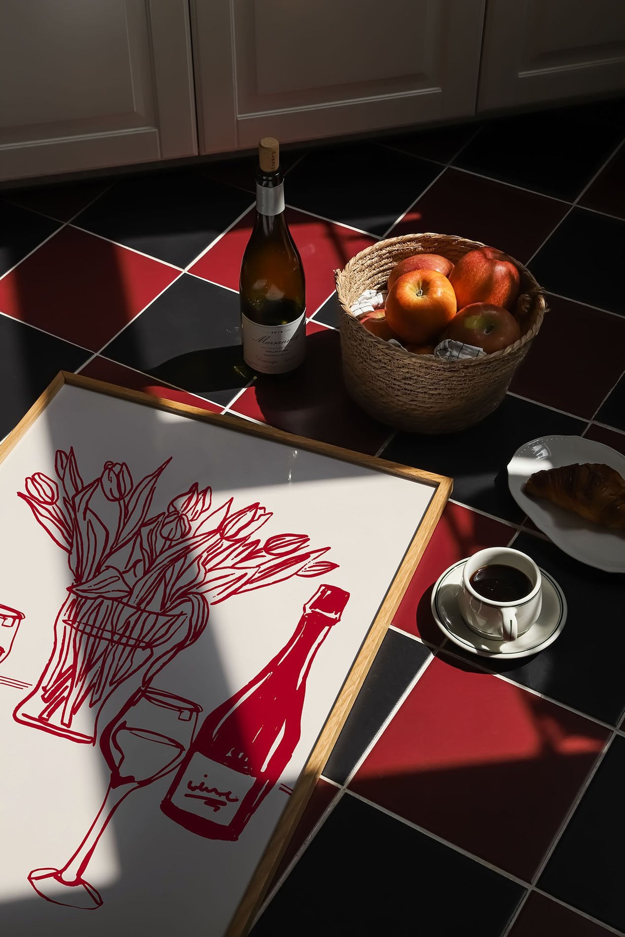 Red Wine & Tulips Print | Line Art Wine Bottle Wall Art | Kitchen Poster - Evergreen Posters