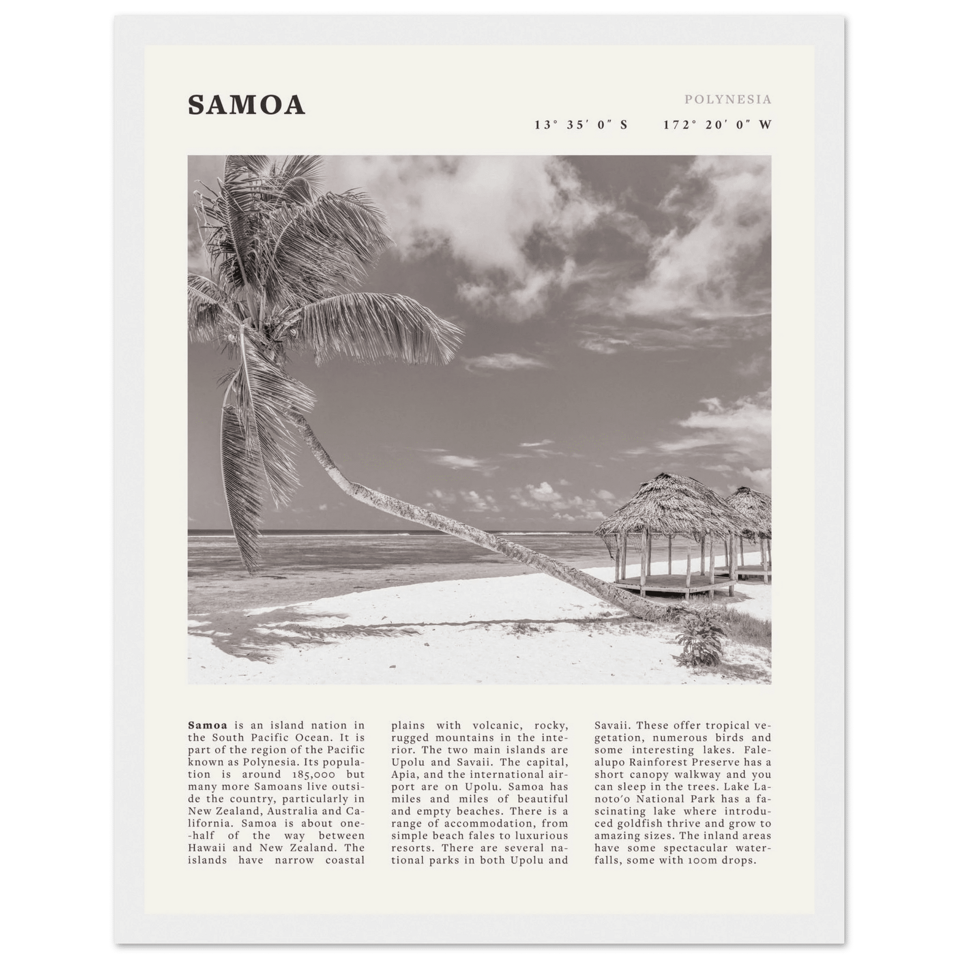 Samoa Poster | Black & White South Pacific Beach Wall Art | Polynesia Travel Print - Evergreen Posters