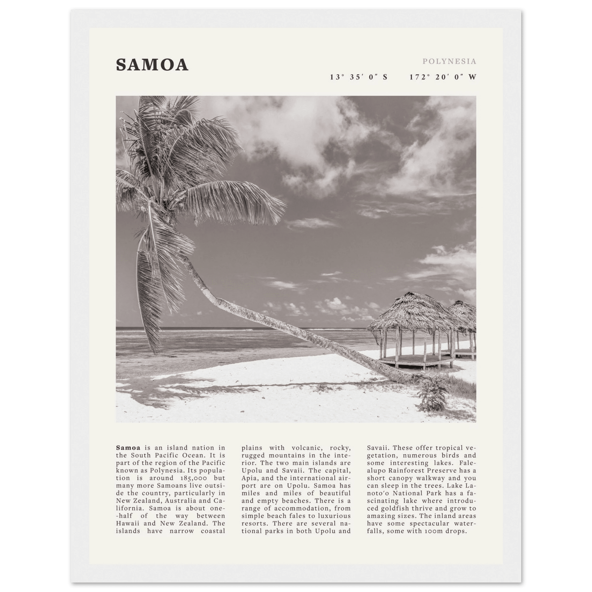 Samoa Poster | Black & White South Pacific Beach Wall Art | Polynesia Travel Print - Evergreen Posters