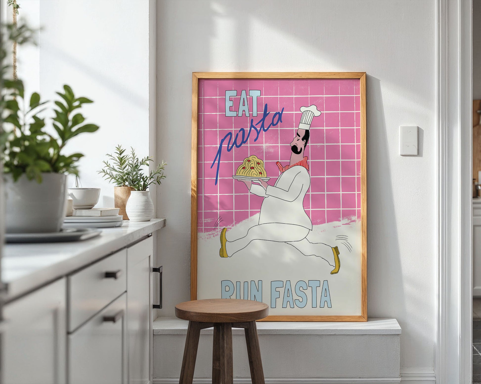 Eat Pasta Run Fasta Poster – Playful Kitchen Wall Art Print (Pink Edition) - Evergreen Posters