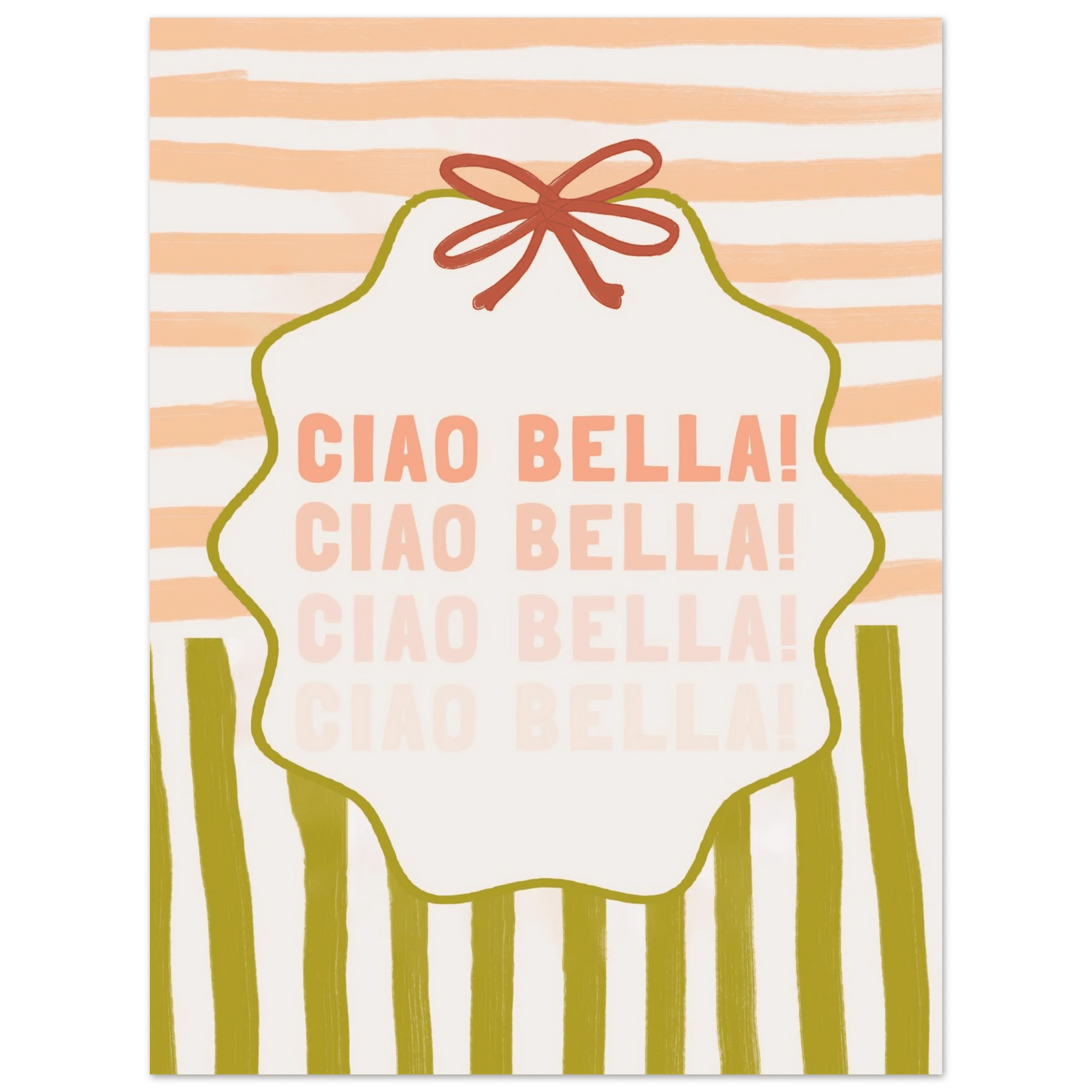 Ciao Bella Poster | Italian Typography Wall Art | Retro Stripe Bow Print | Cute Room Decor - Evergreen Posters