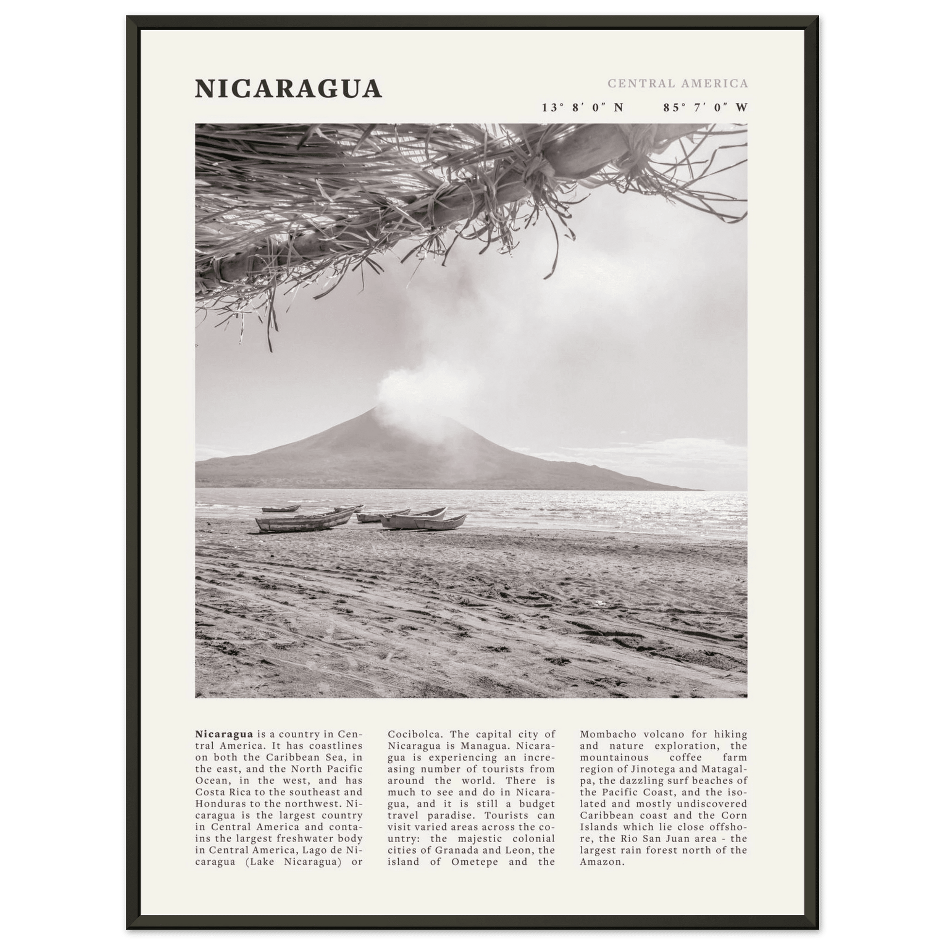 Nicaragua Poster | Black & White Volcano Wall Art | Central America Travel Print - Evergreen Posters