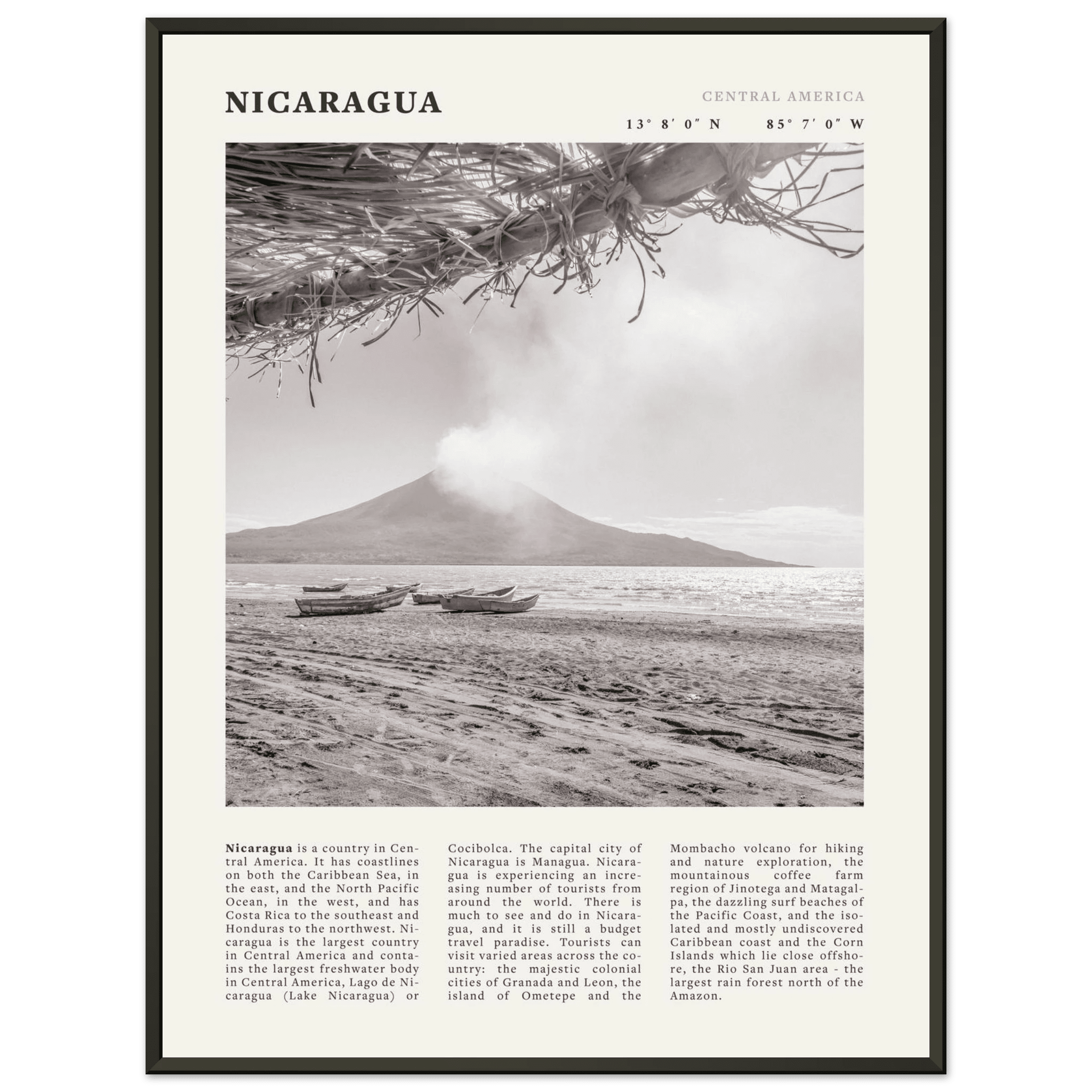 Nicaragua Poster | Black & White Volcano Wall Art | Central America Travel Print - Evergreen Posters