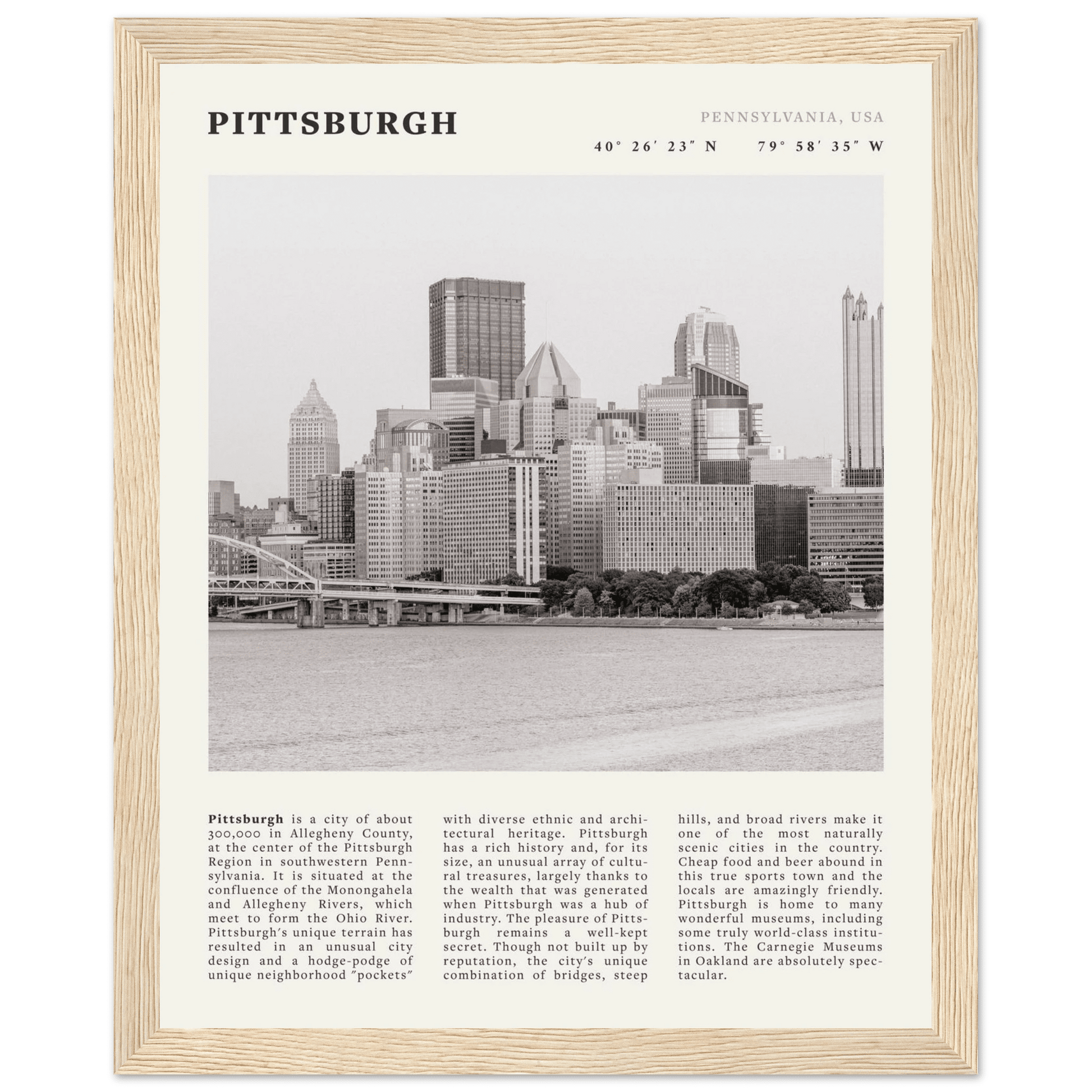 Pittsburgh Poster | Black & White Pennsylvania Skyline Wall Art | PA Travel Print - Evergreen Posters