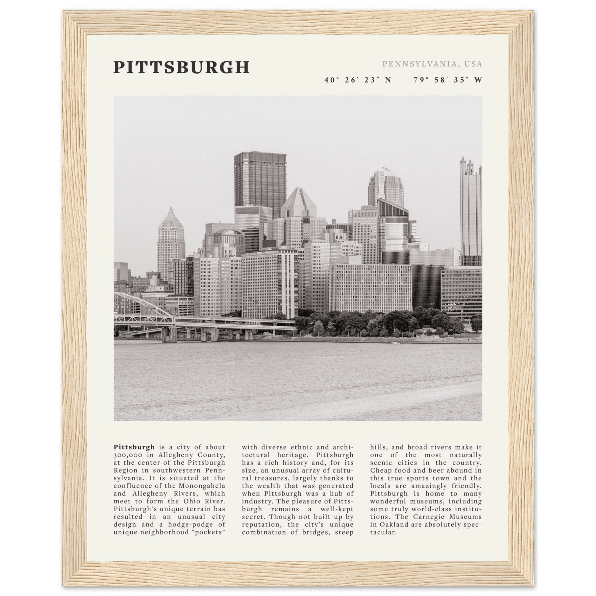 Pittsburgh Poster | Black & White Pennsylvania Skyline Wall Art | PA Travel Print - Evergreen Posters