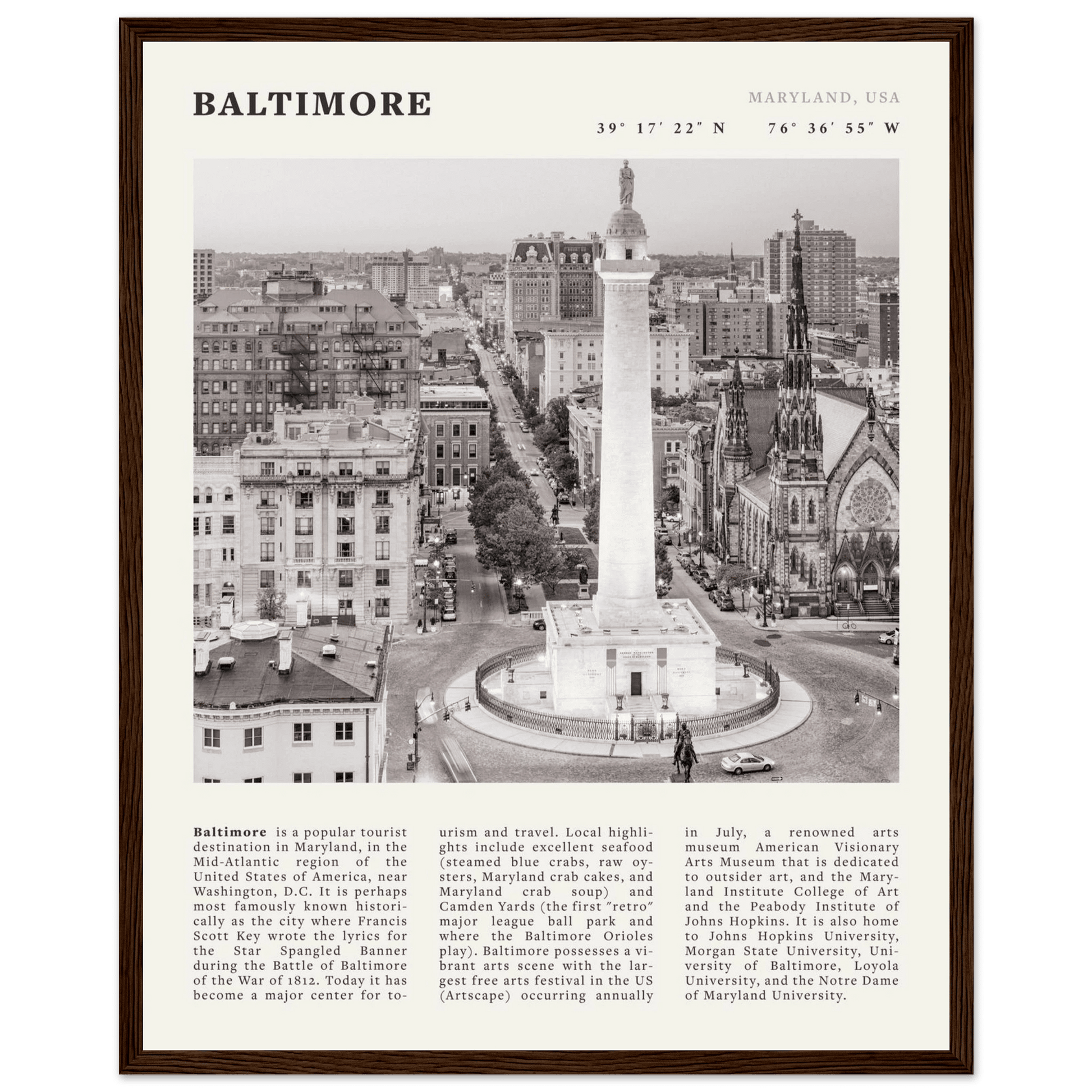 Baltimore Poster | Black & White Maryland City Wall Art | USA Travel Print - Evergreen Posters