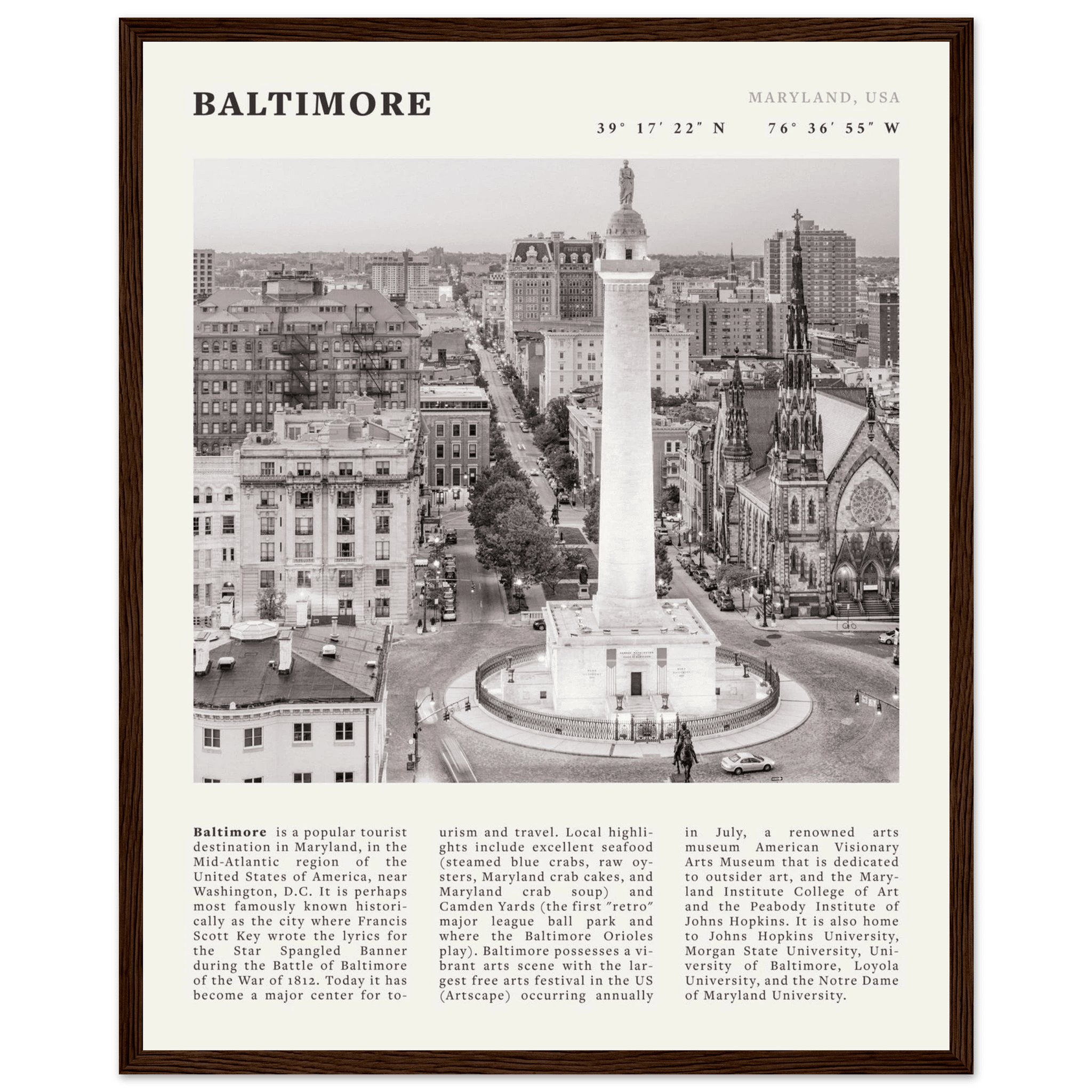 Baltimore Poster | Black & White Maryland City Wall Art | USA Travel Print - Evergreen Posters