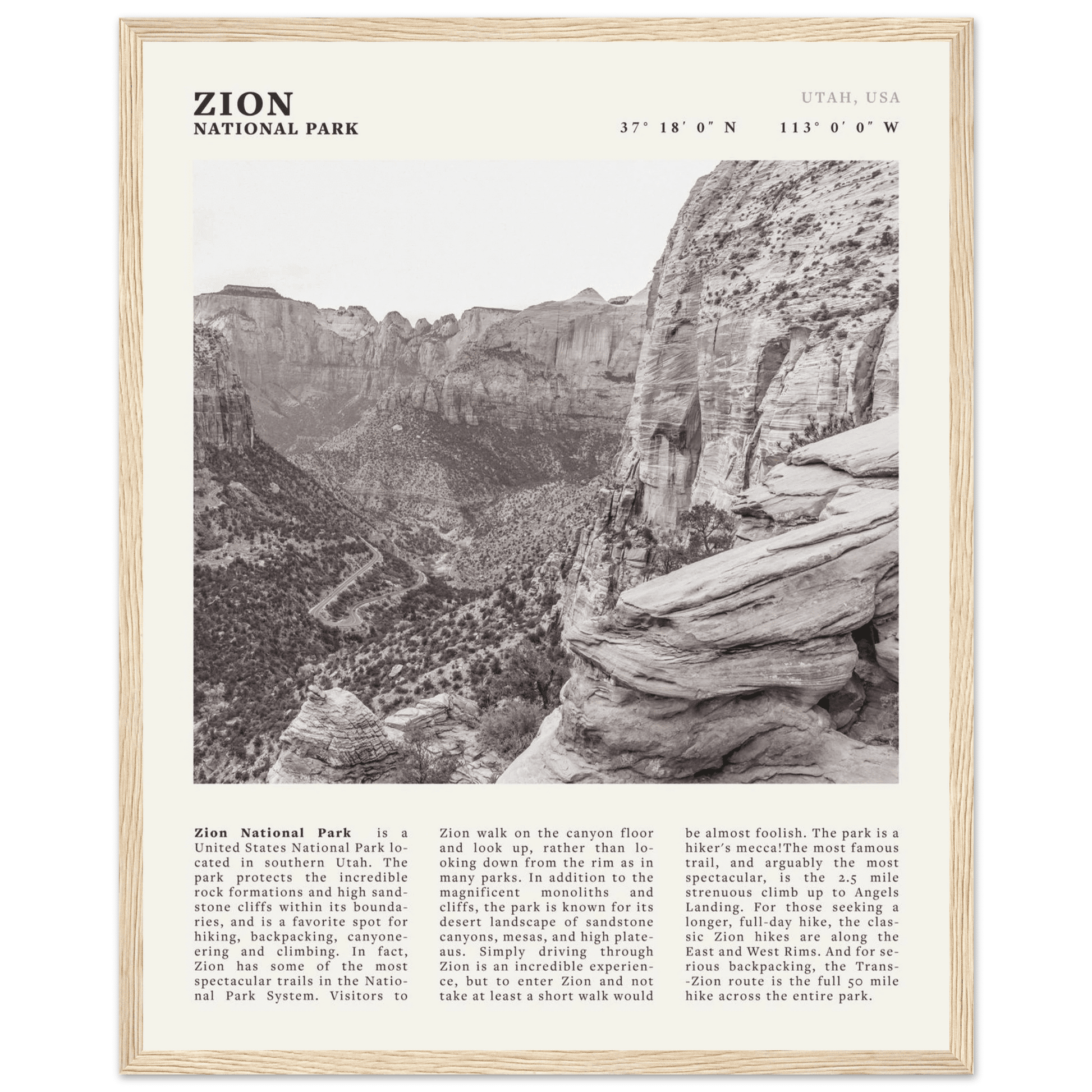 Zion National Park Poster | Black & White Utah Canyon Wall Art | USA Travel Print - Evergreen Posters