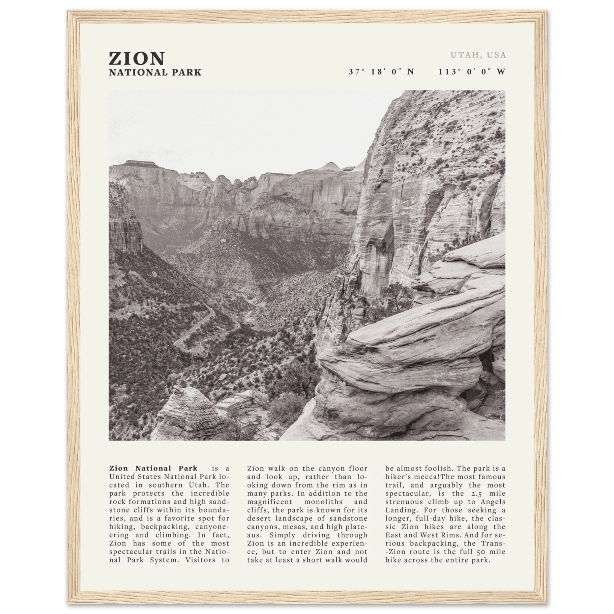 Zion National Park Poster | Black & White Utah Canyon Wall Art | USA Travel Print - Evergreen Posters
