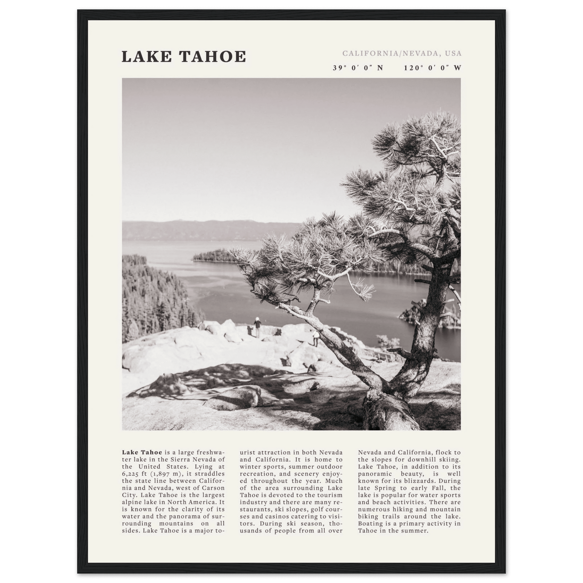 Lake Tahoe Poster | Black & White California Nevada Wall Art | Nature Travel Print Decor - Evergreen Posters