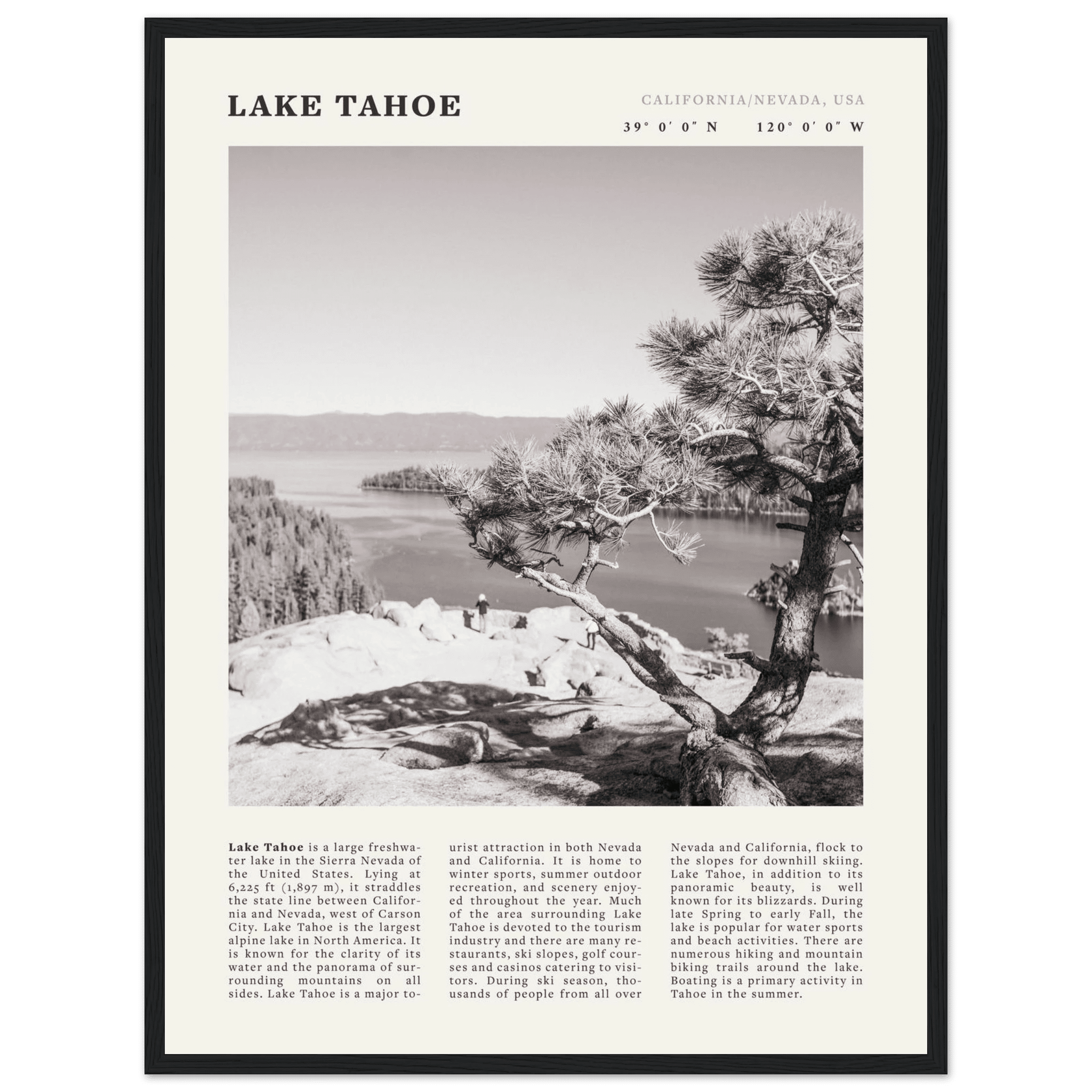 Lake Tahoe Poster | Black & White California Nevada Wall Art | Nature Travel Print Decor - Evergreen Posters