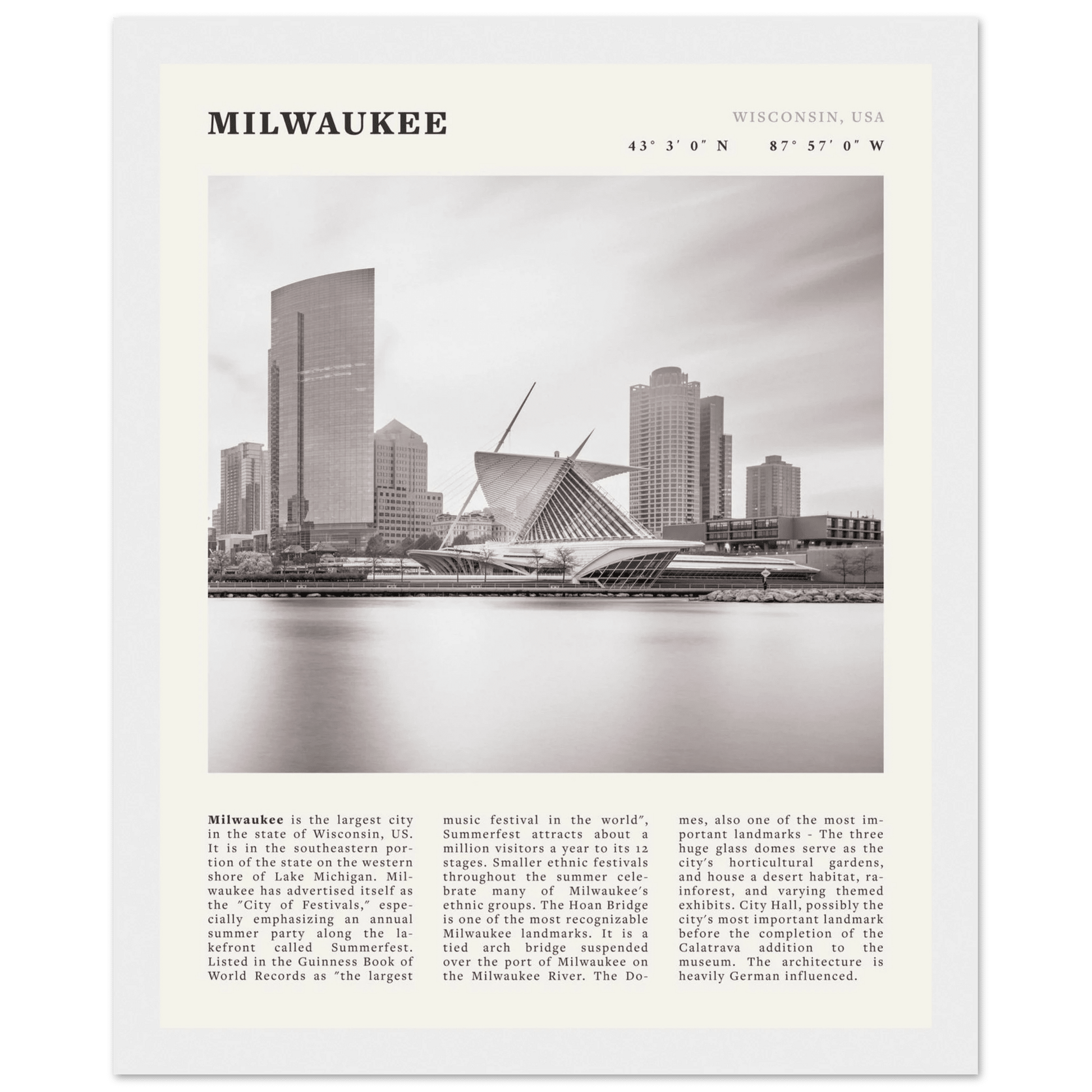 Milwaukee Poster | Black & White Wisconsin City Wall Art | USA Travel Print - Evergreen Posters