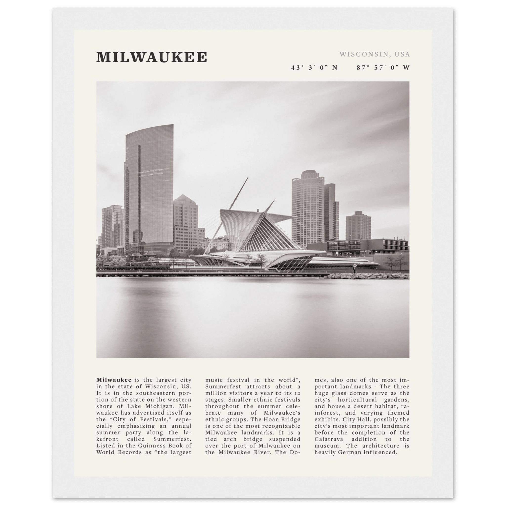 Milwaukee Poster | Black & White Wisconsin City Wall Art | USA Travel Print - Evergreen Posters