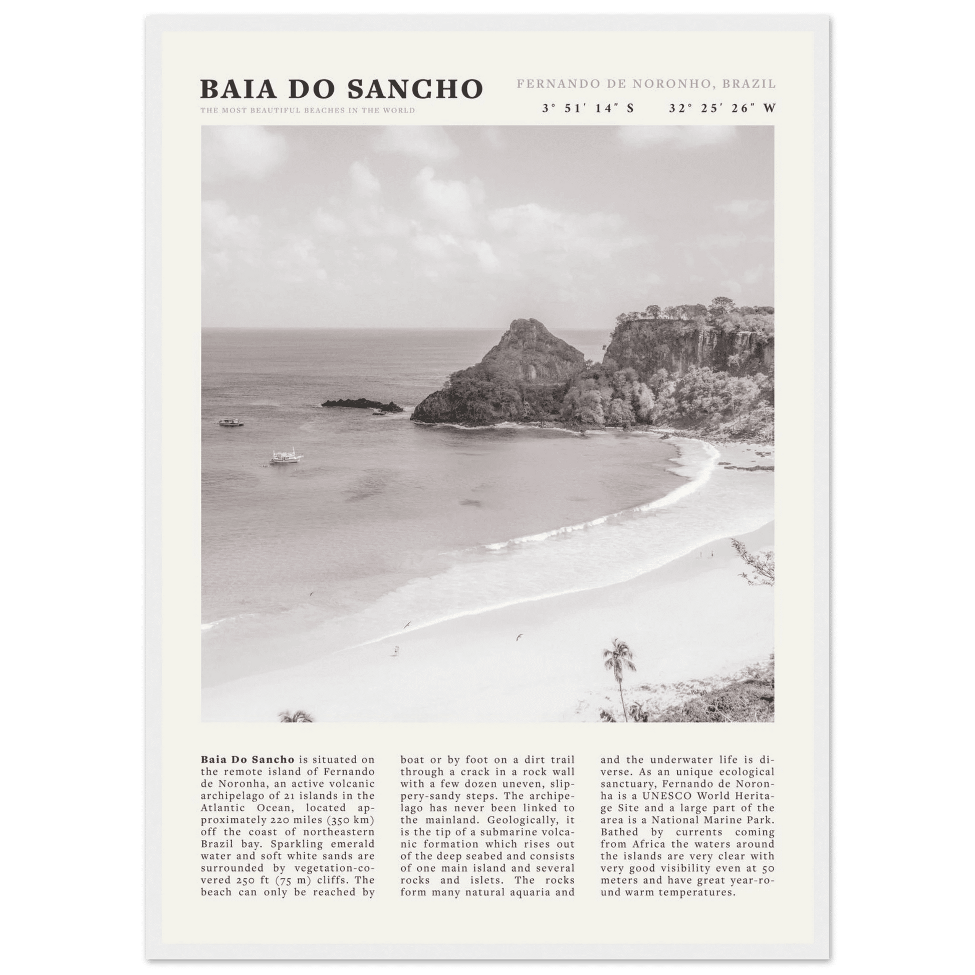 Baia Do Sancho Poster | Black & White Brazil Beach Wall Art | Fernando de Noronha - Evergreen Posters