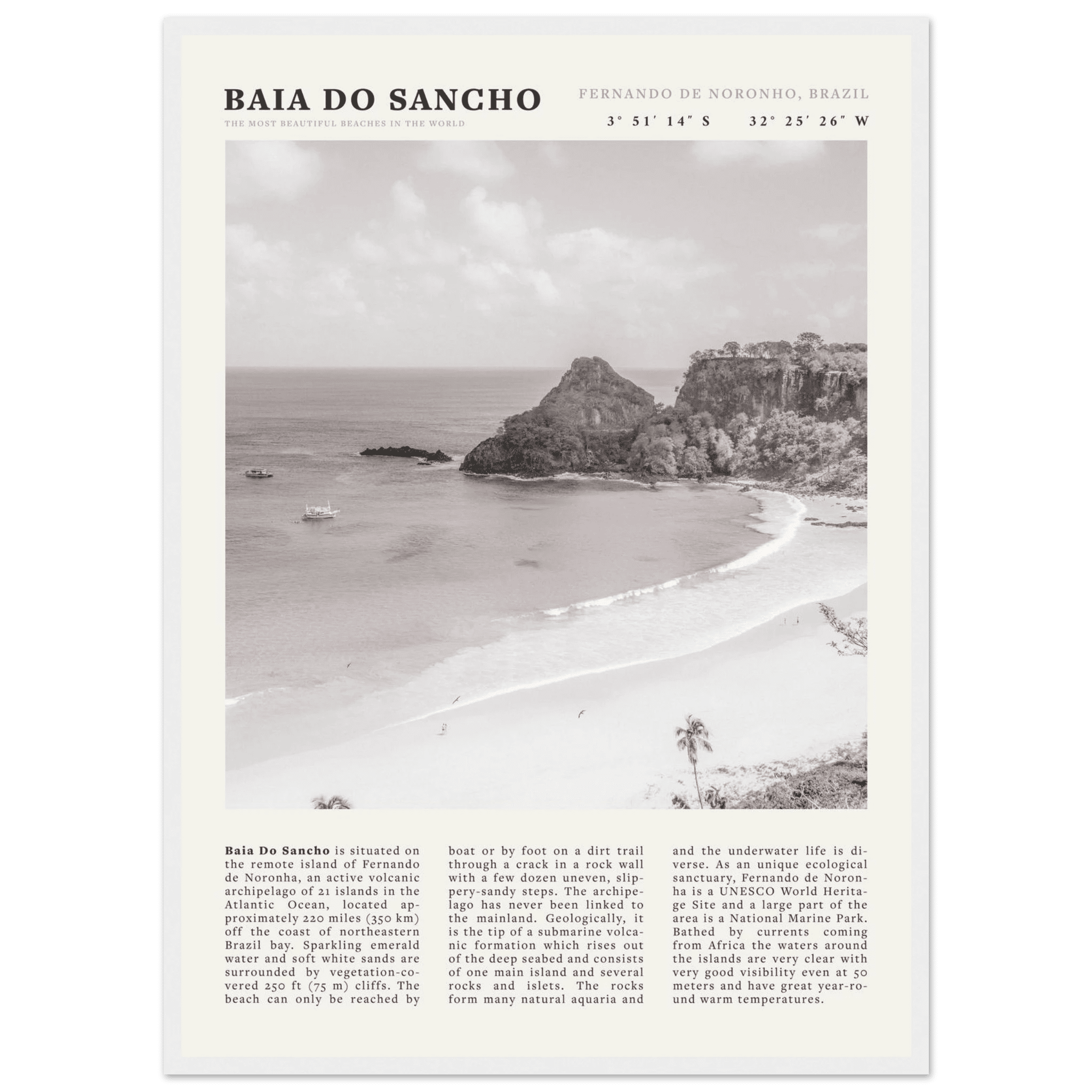 Baia Do Sancho Poster | Black & White Brazil Beach Wall Art | Fernando de Noronha - Evergreen Posters
