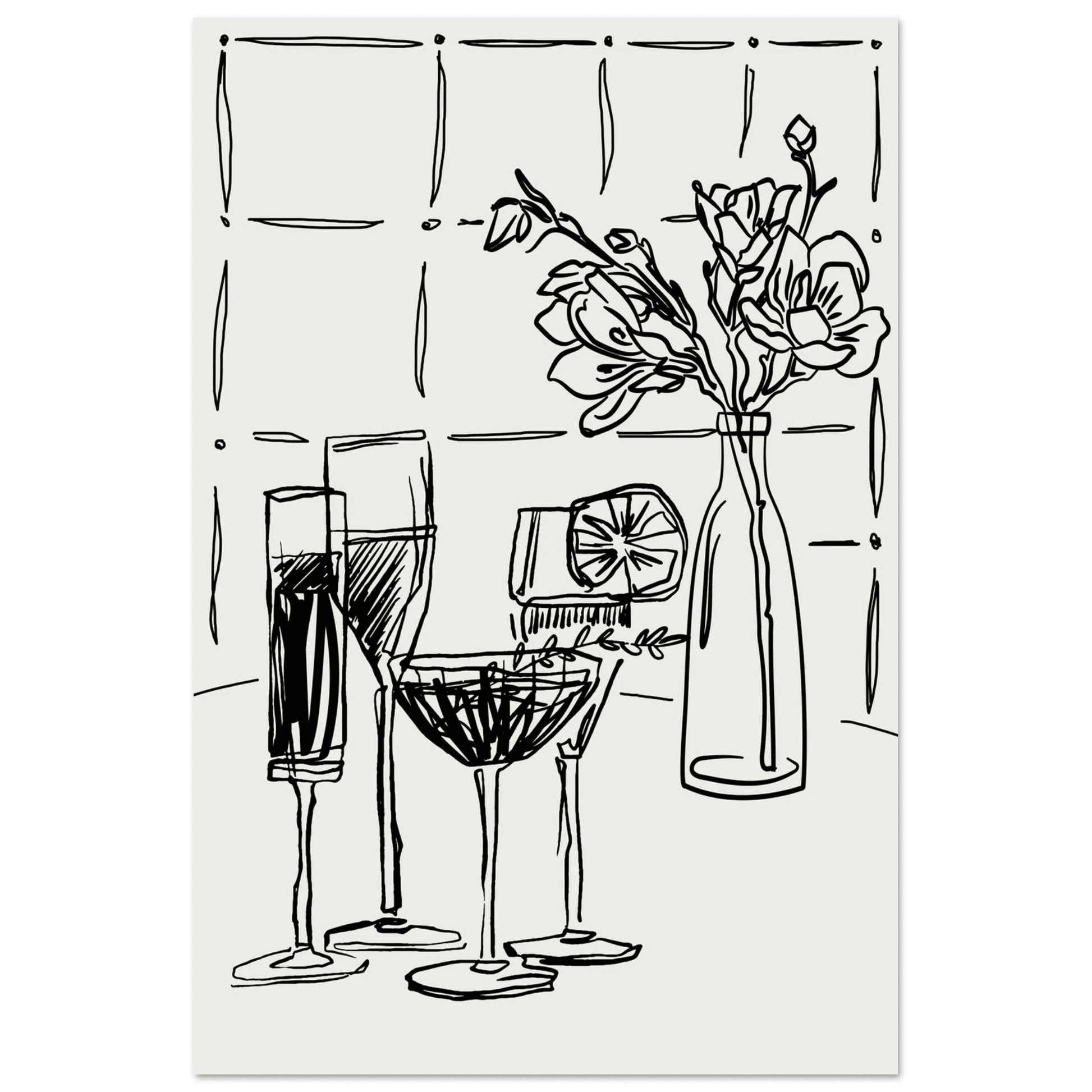 Cocktails & Flowers Print | Black Line Art Drinks Wall Art | Kitchen Bar Poster - Evergreen Posters