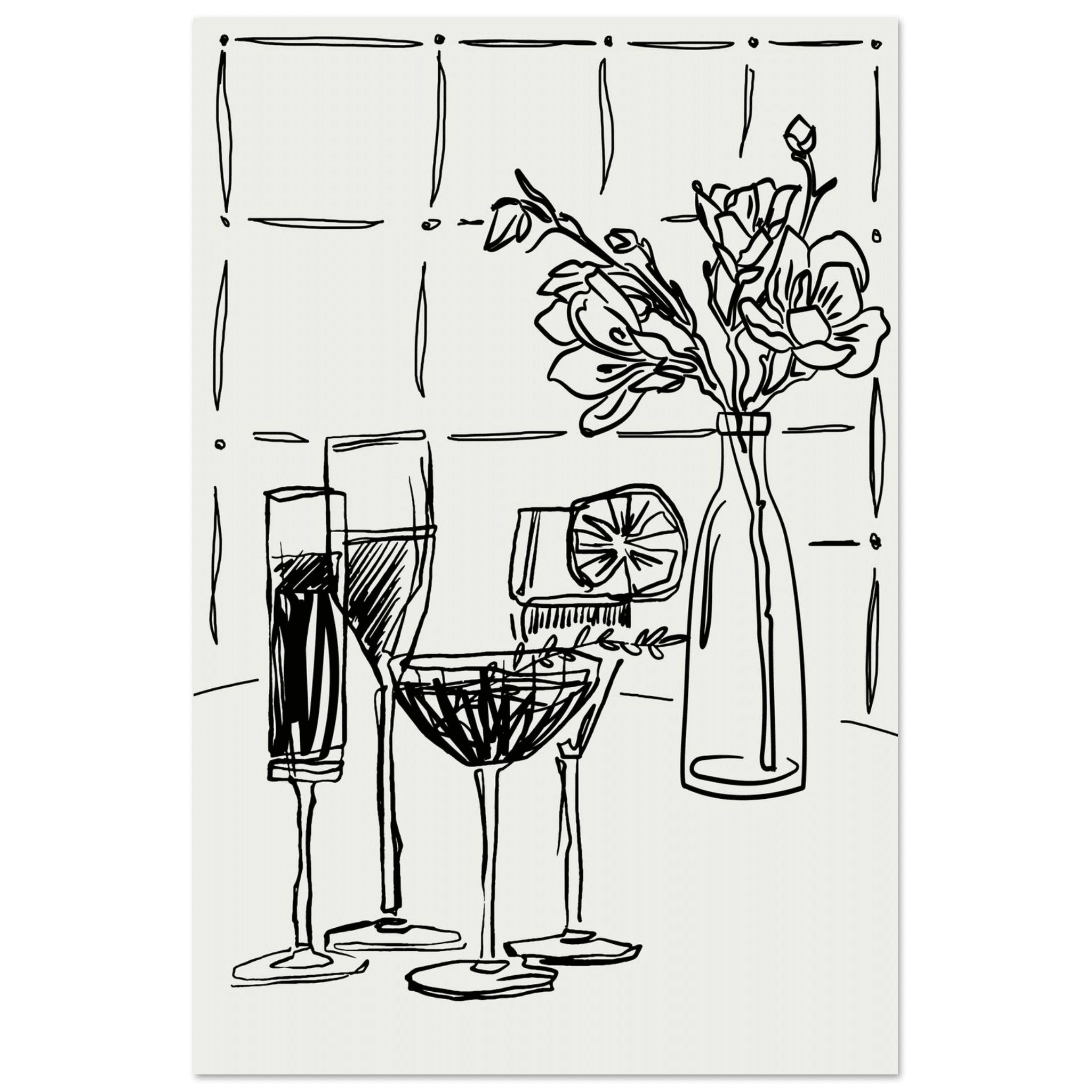 Cocktails & Flowers Print | Black Line Art Drinks Wall Art | Kitchen Bar Poster - Evergreen Posters